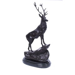 Vintage Pair of Large Bronze Stag Statuettes After Moigniez 20th C
