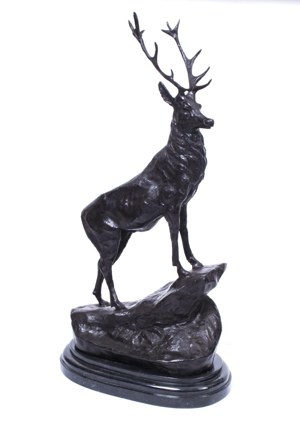 Il s'agit d'une belle paire de cerfs en bronze, portant la réplique de la signature du célèbre sculpteur français Jules Moigniez, datant du dernier quart du 20e siècle.

Les cerfs sont en bronze par le procédé de la cire perdue, et leurs