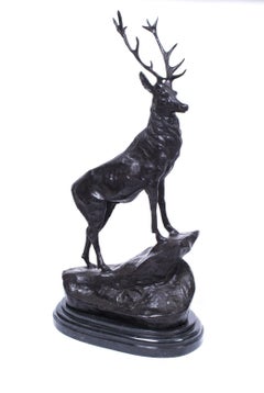 Vintage Pair of Large Bronze Stag Statuettes After Moigniez, 20th Centurry