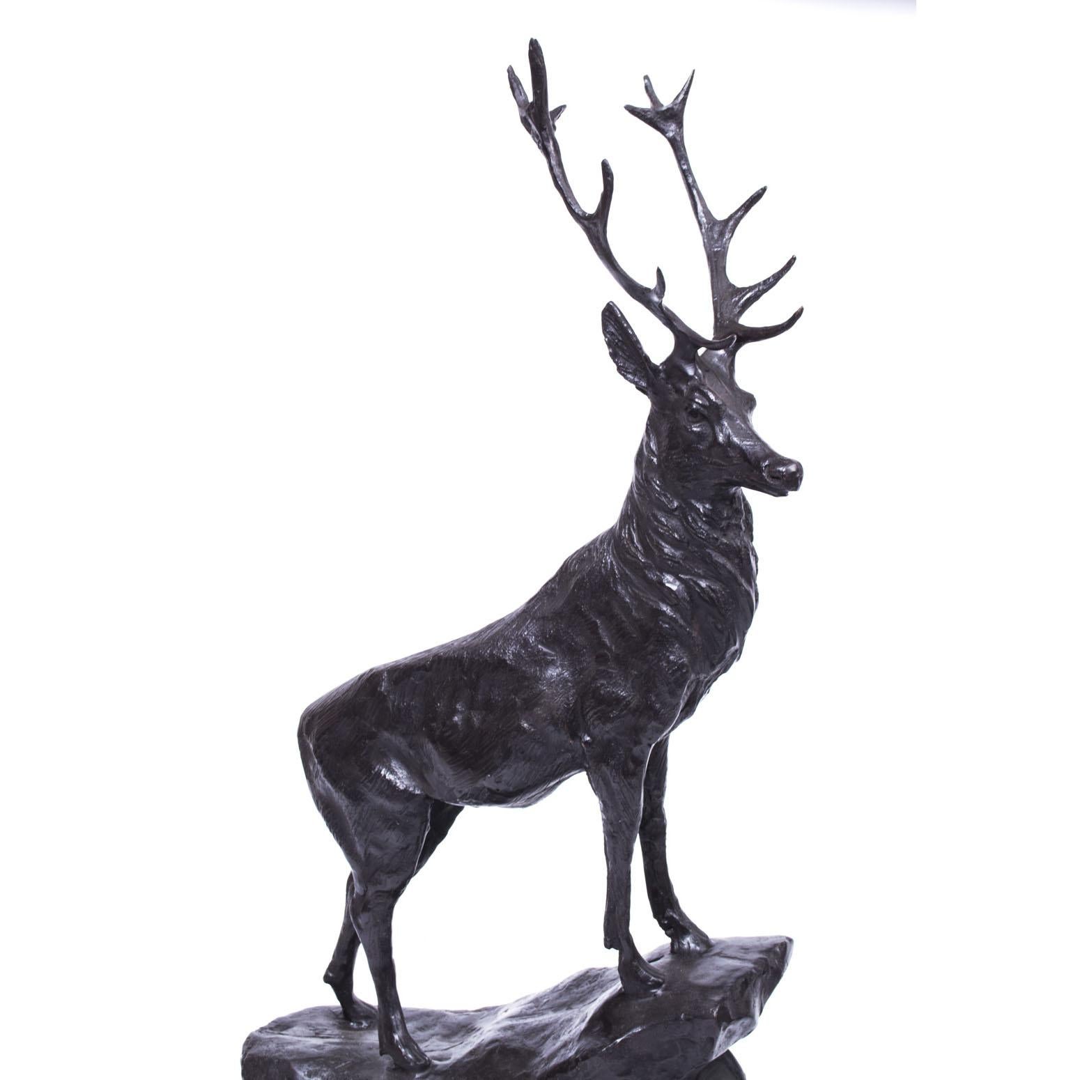 Late 20th Century Vintage Pair of Large Bronze Stag Statuettes After Moigniez 20th C