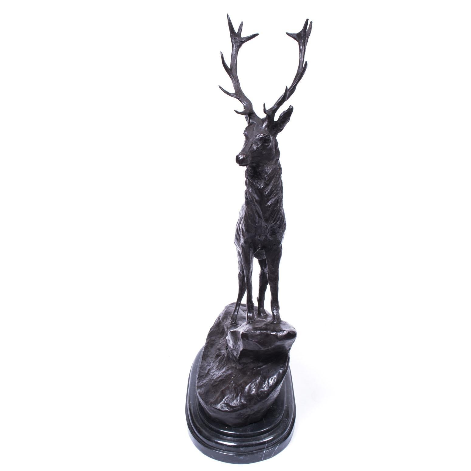Vintage Pair of Large Bronze Stag Statuettes After Moigniez 20th C 1