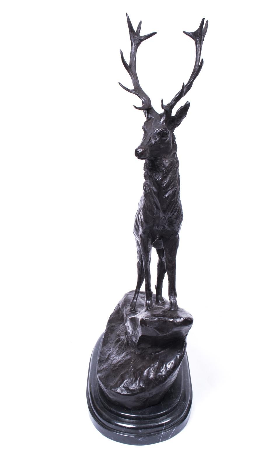 Vintage Pair of Large Bronze Stag Statuettes After Moigniez, 20th Centurry For Sale 1