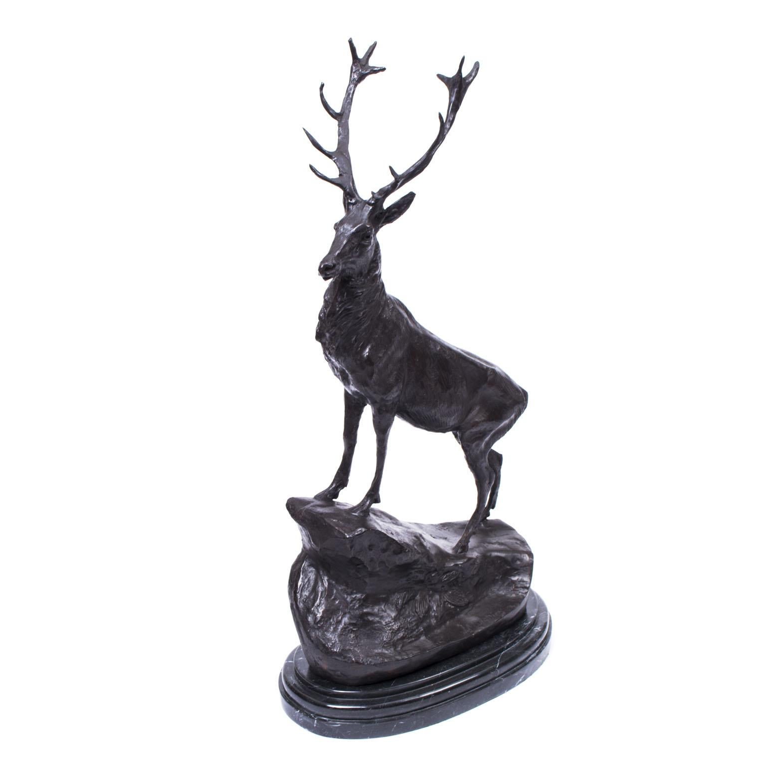 Vintage Pair of Large Bronze Stag Statuettes After Moigniez 20th C 4