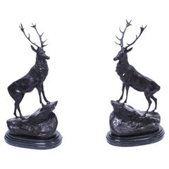Vintage Pair of Large Bronze Stag Statuettes After Moigniez, 20th Centurry