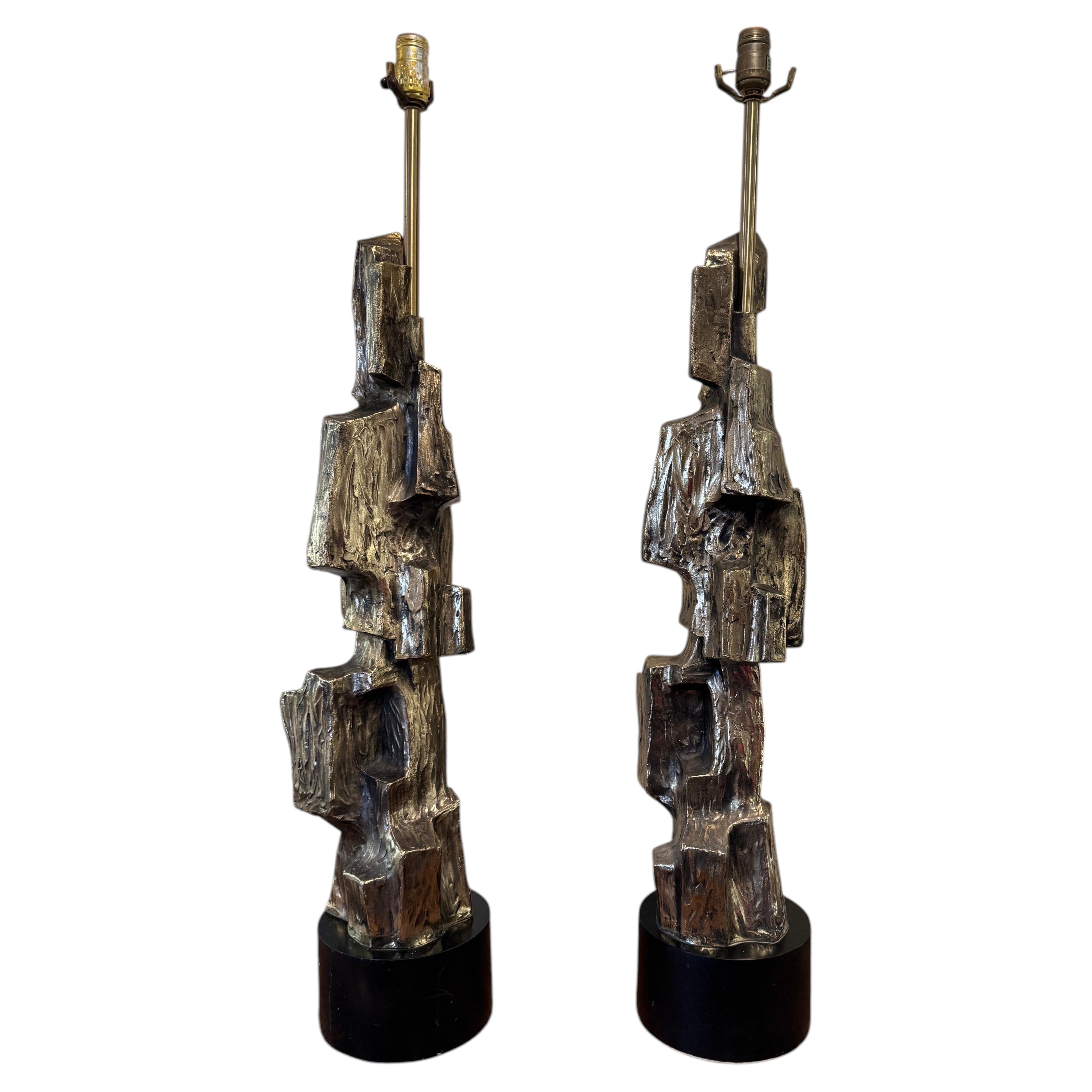Pre-owned Laurèl Vintage Pair Of Large Brutalist Richard Barr For Laurel Lamps In Brown