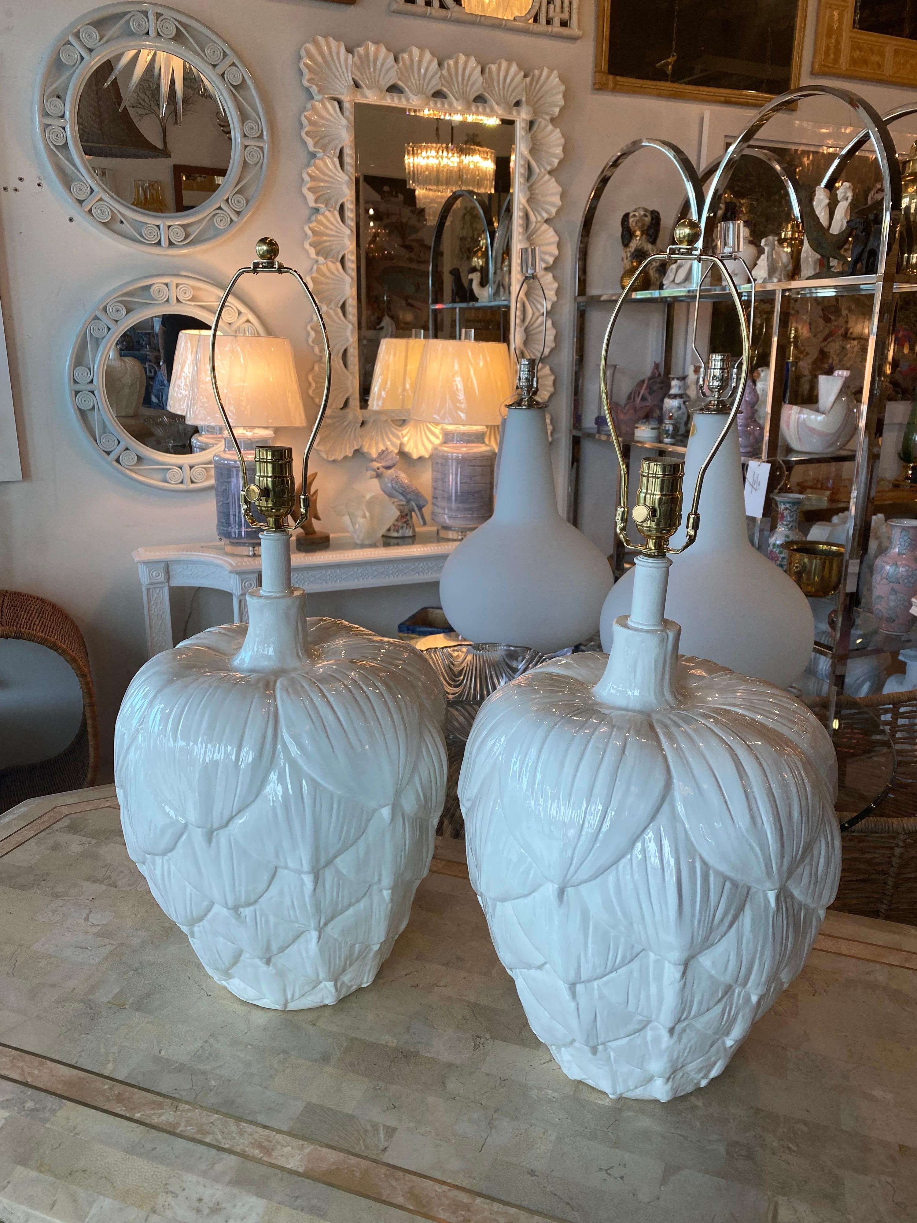 Vintage Pair of Large Ceramic Artichoke White Table Lamps Newly Restored 3