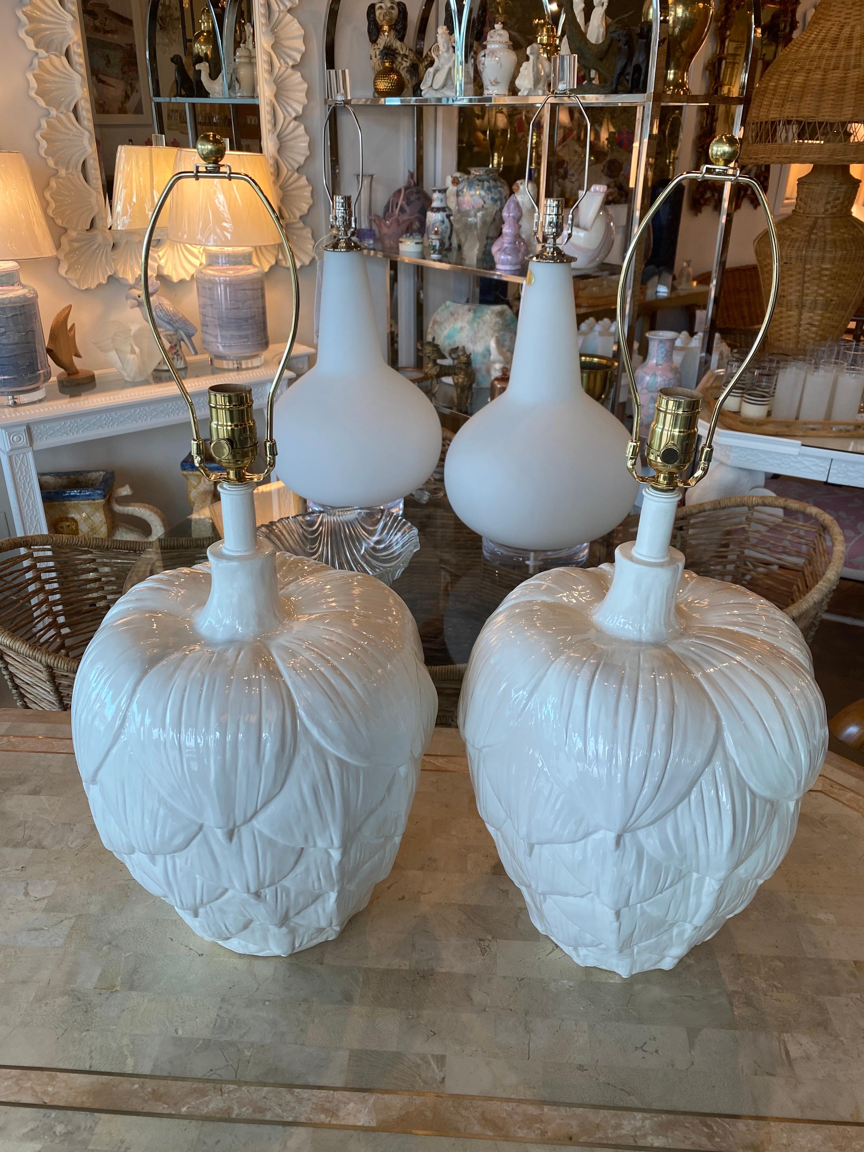 Vintage Pair of Large Ceramic Artichoke White Table Lamps Newly Restored 4