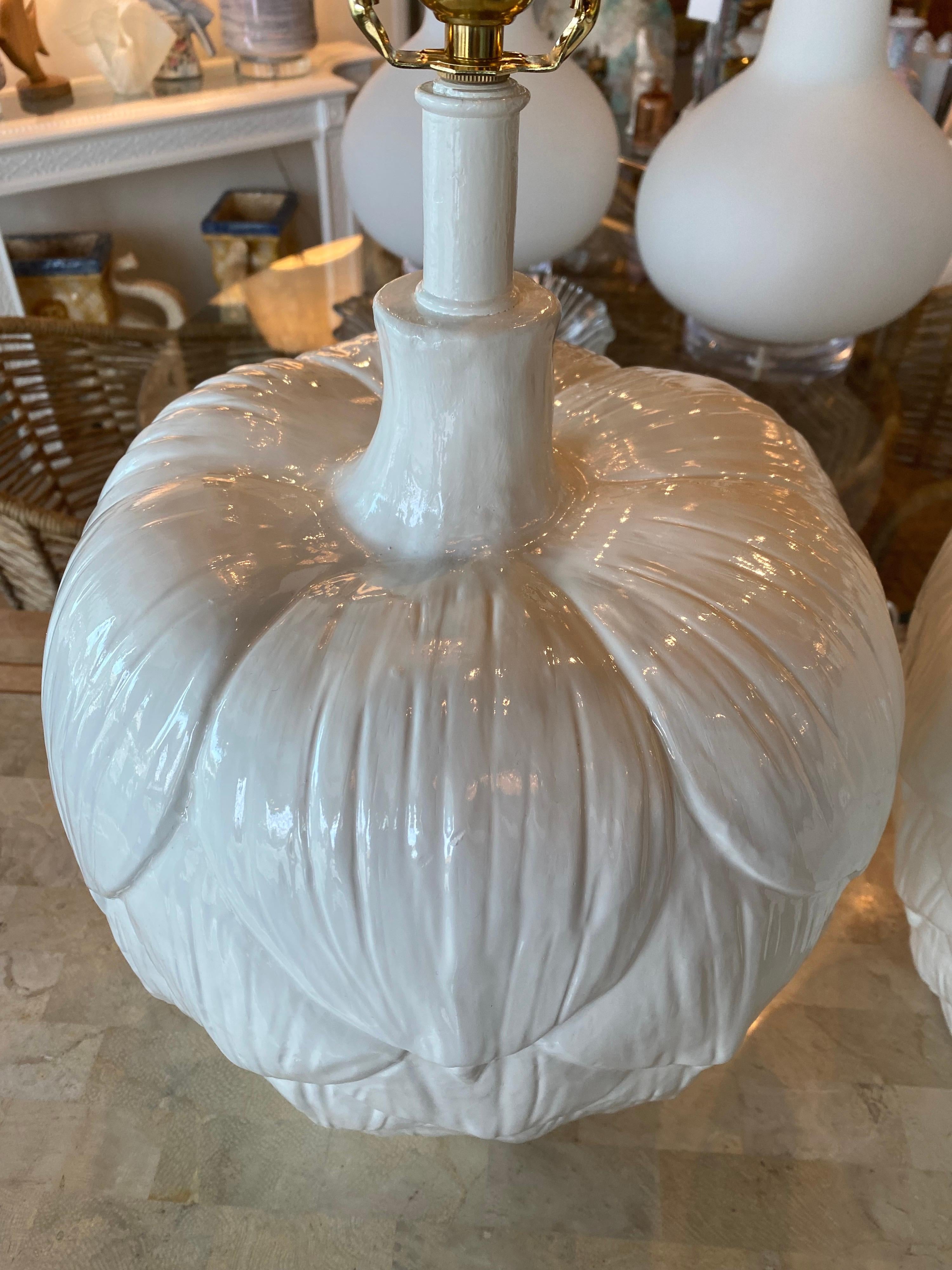 Vintage Pair of Large Ceramic Artichoke White Table Lamps Newly Restored In Good Condition In West Palm Beach, FL
