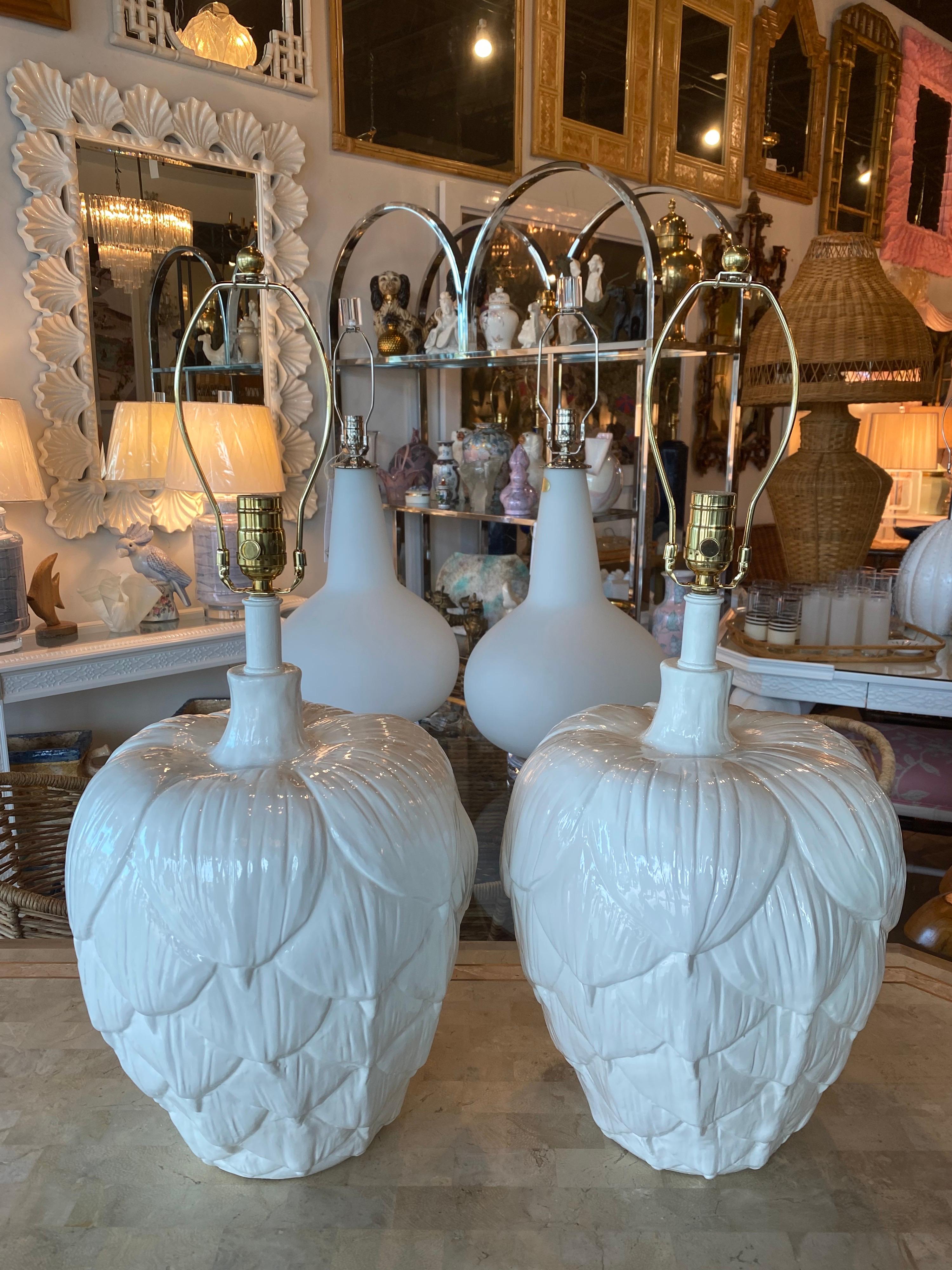Late 20th Century Vintage Pair of Large Ceramic Artichoke White Table Lamps Newly Restored