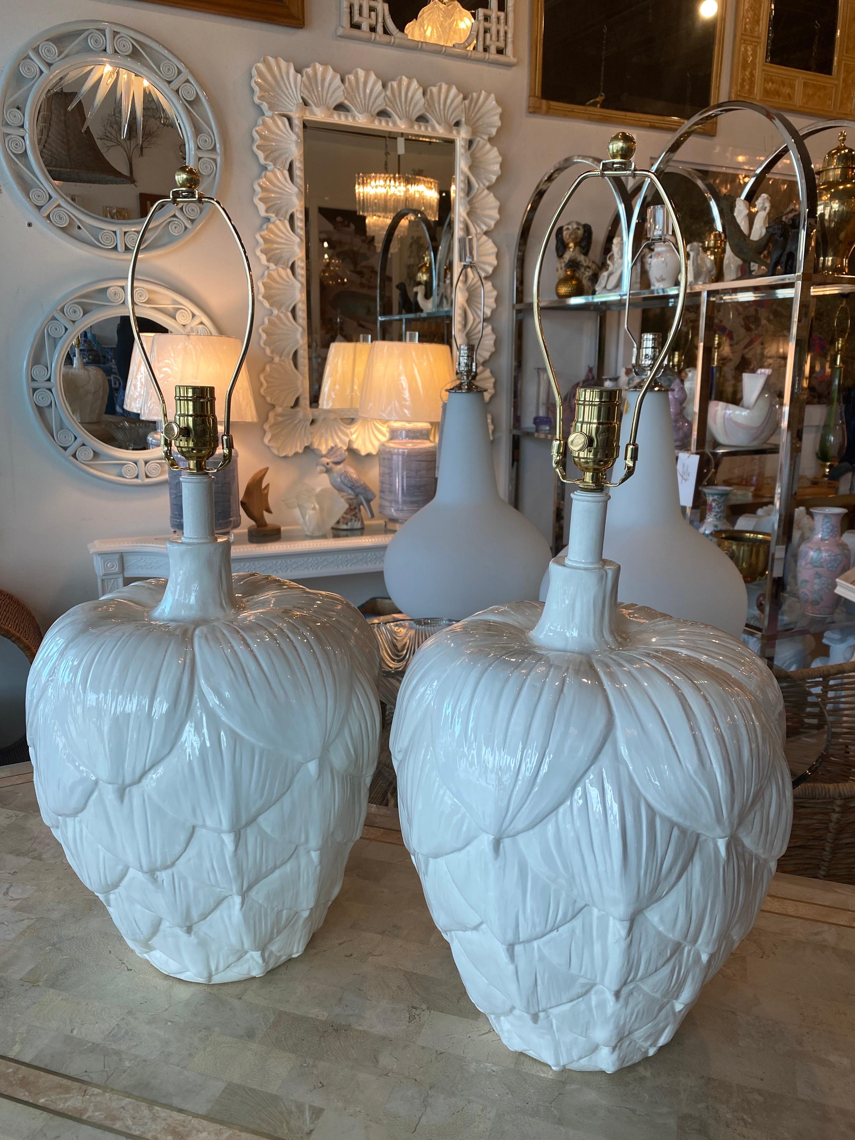 Brass Vintage Pair of Large Ceramic Artichoke White Table Lamps Newly Restored