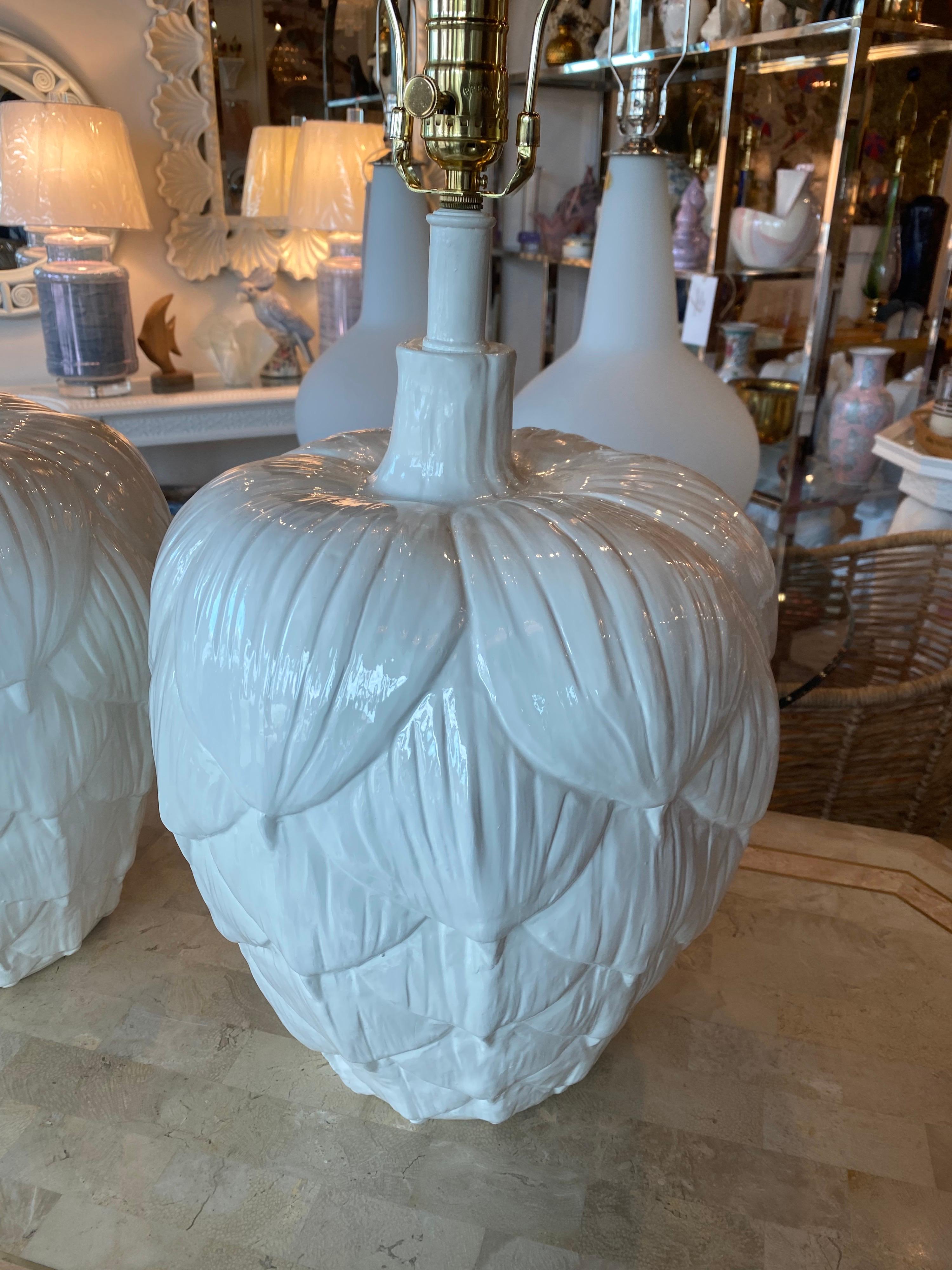 Vintage Pair of Large Ceramic Artichoke White Table Lamps Newly Restored 1