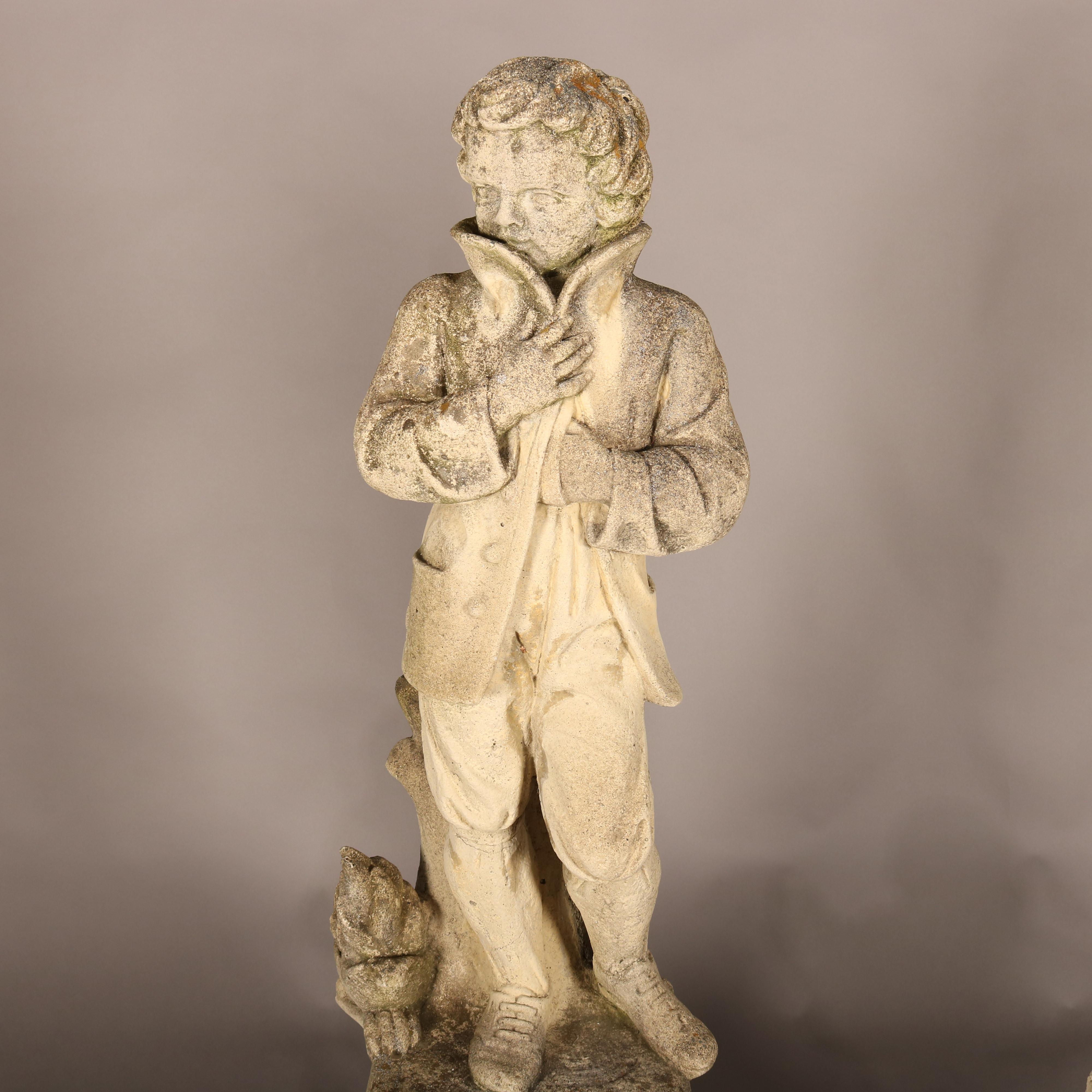 A vintage pair of large Dutch garden sculptures offer cast stone construction and depict young girl and boy courting couple in countryside setting, each seated on square plinth, 20th century.

Measures: 45.25