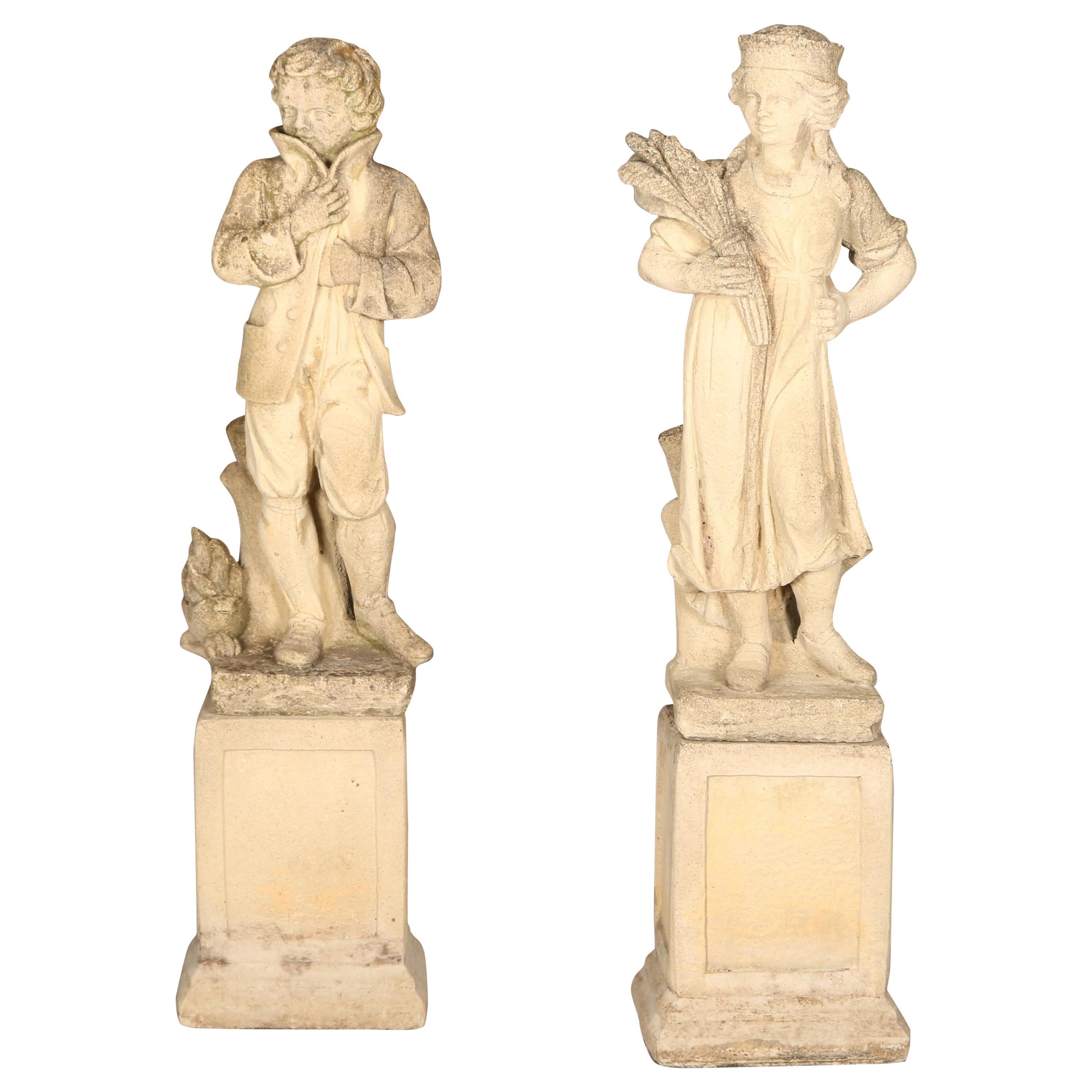 Vintage Pair of Large Dutch Cast Stone Garden Statues of Courting Couple