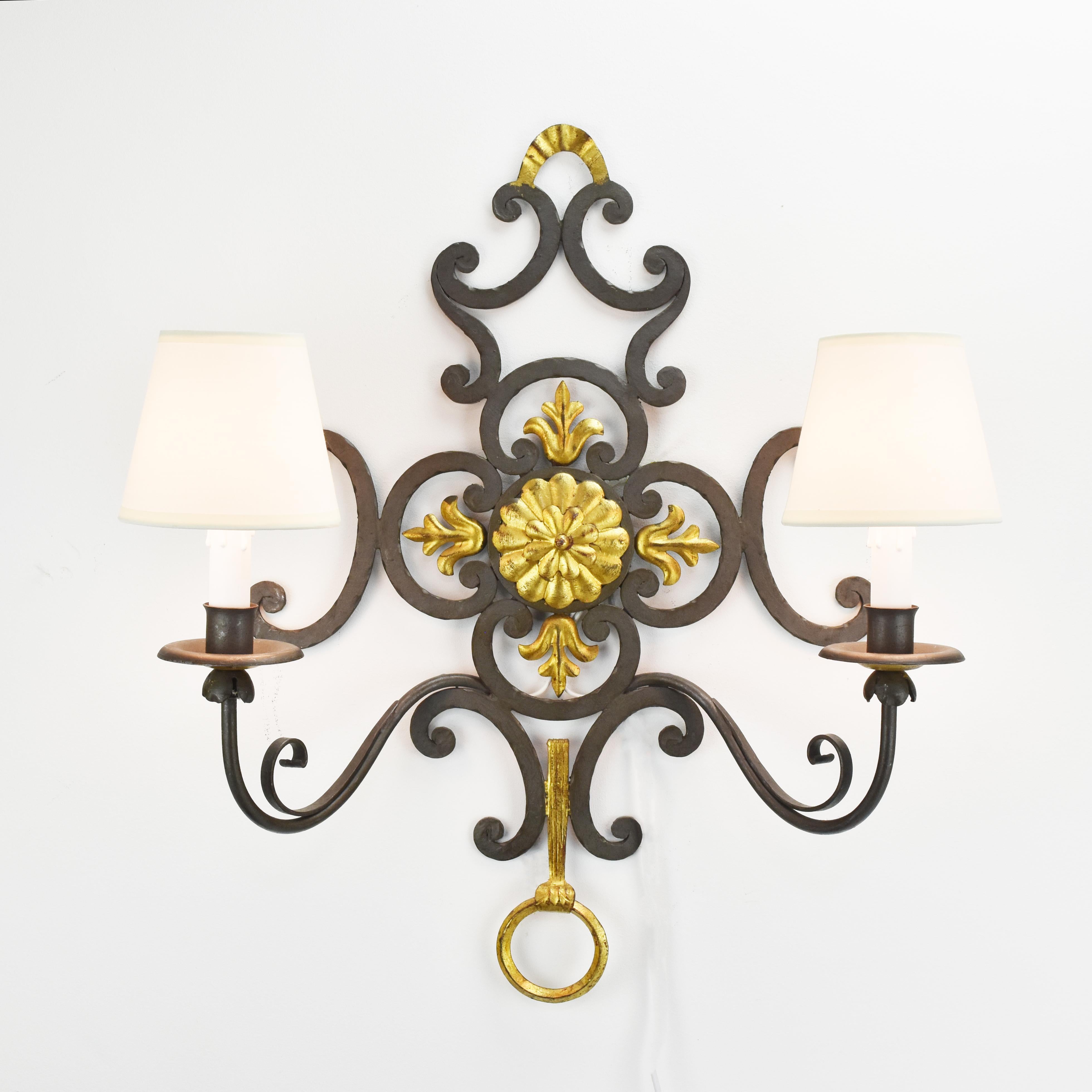 Mid-Century Modern Vintage Pair of Large French Wrought Iron Wall Sconces Spanish Revival For Sale