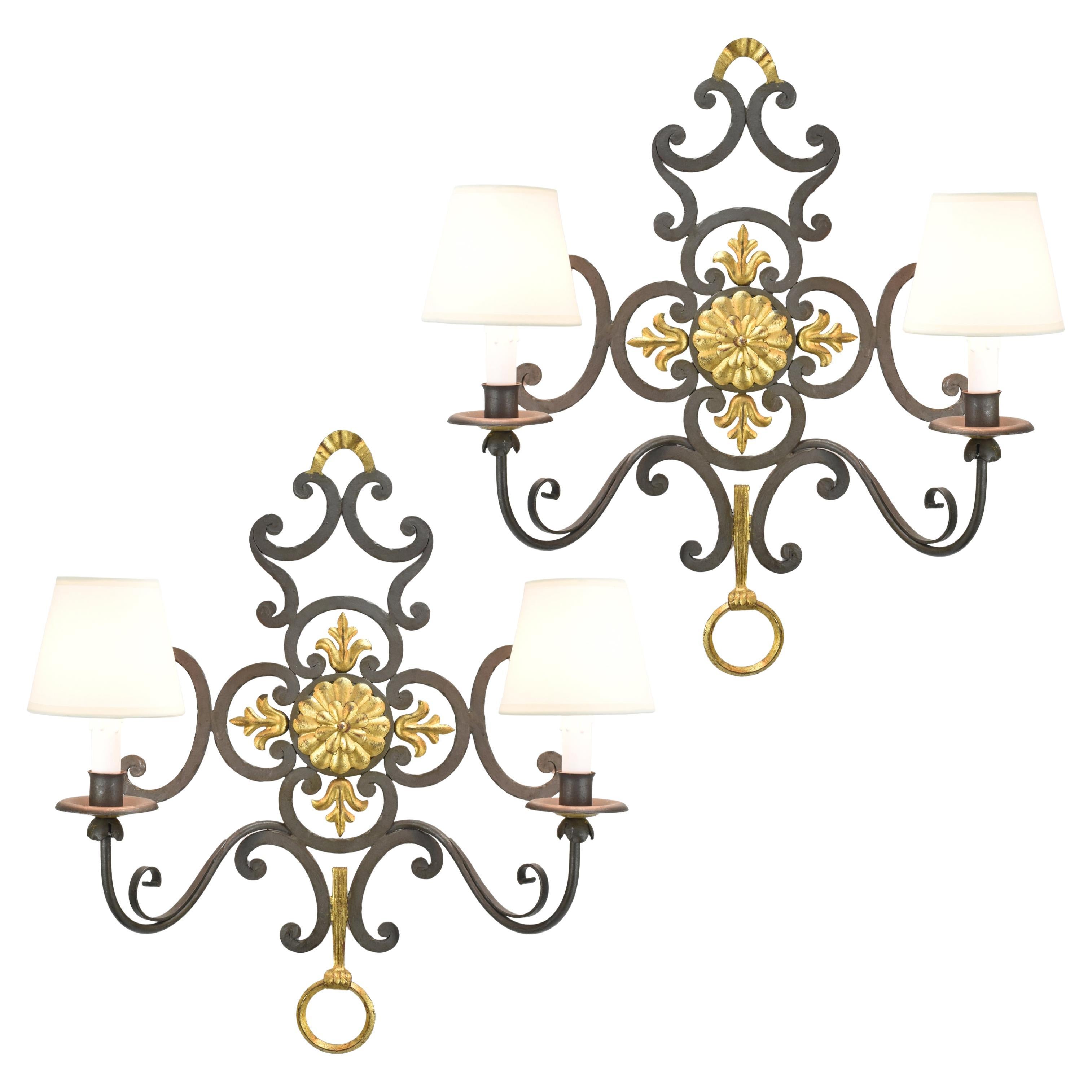 Vintage Pair of Large French Wrought Iron Wall Sconces Spanish Revival For Sale
