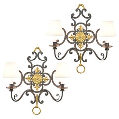 Retro Pair of Large French Wrought Iron Wall Sconces Spanish Revival