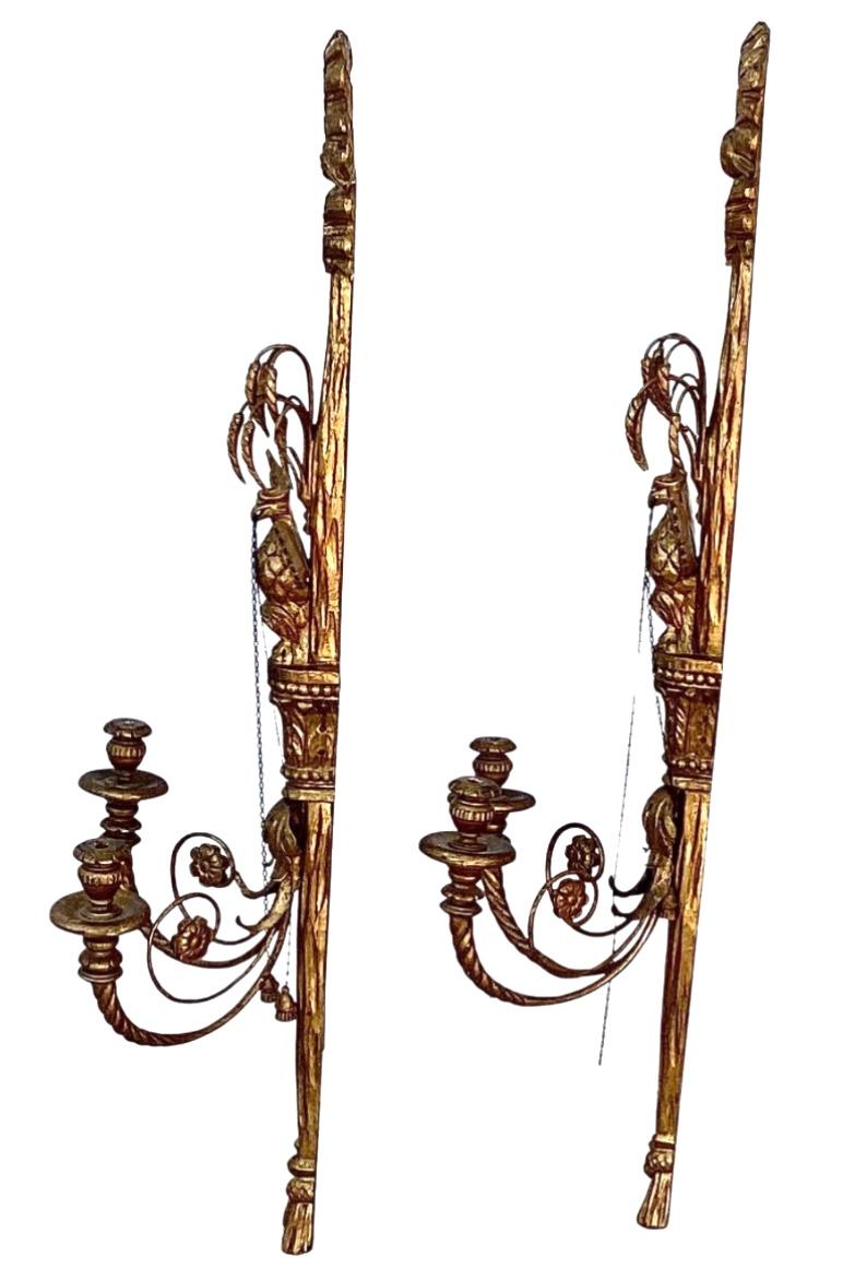 Vintage Pair of Large Italian giltwood Eagle Wall Sconces In Good Condition In Bradenton, FL
