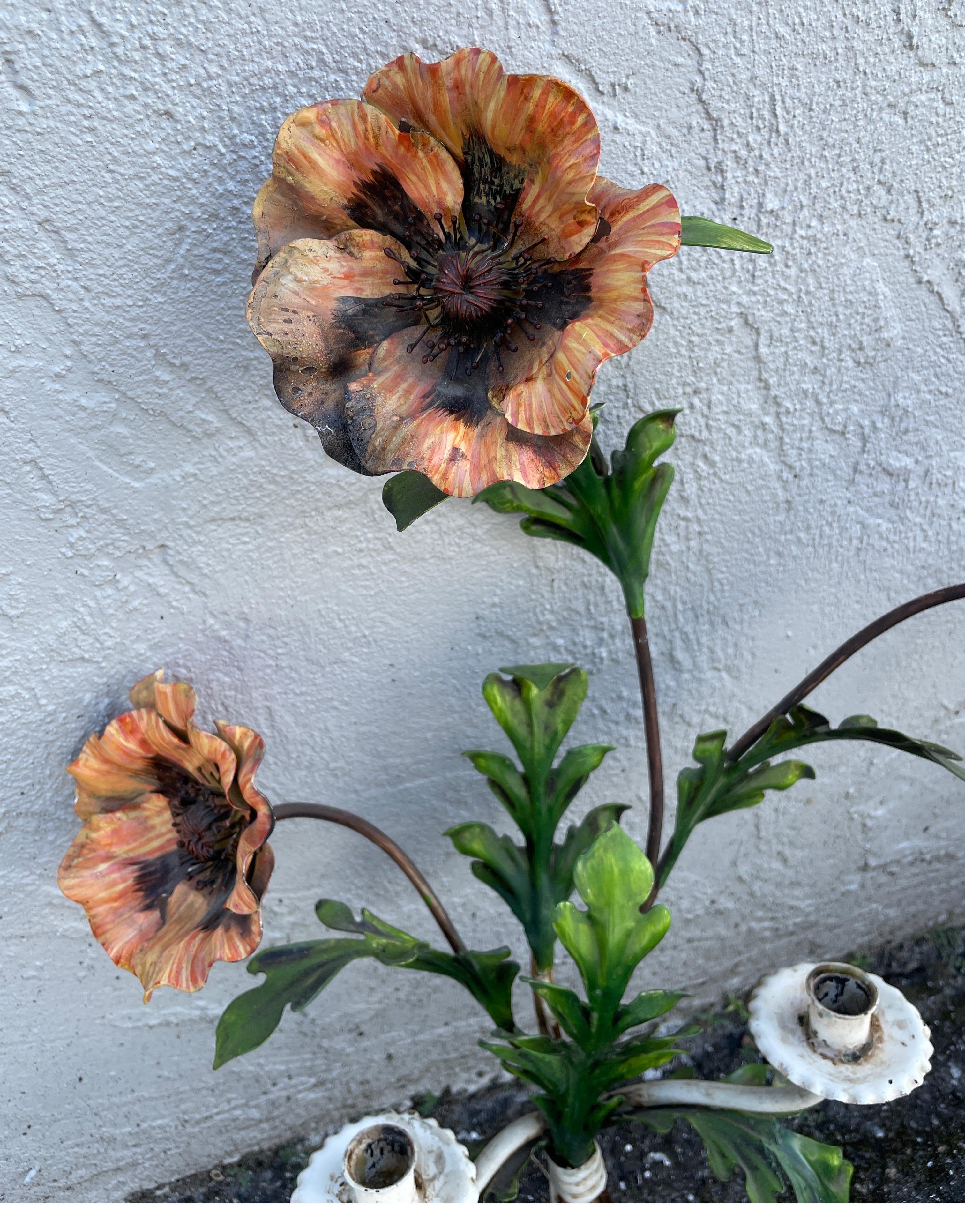 Tôle Vintage Pair of Large Italian Tole Poppy Flower Wall Sconces