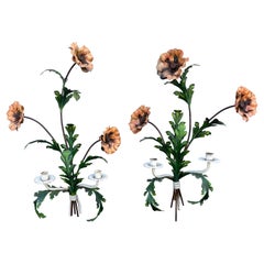 Vintage Pair of Large Italian Tole Poppy Flower Wall Sconces