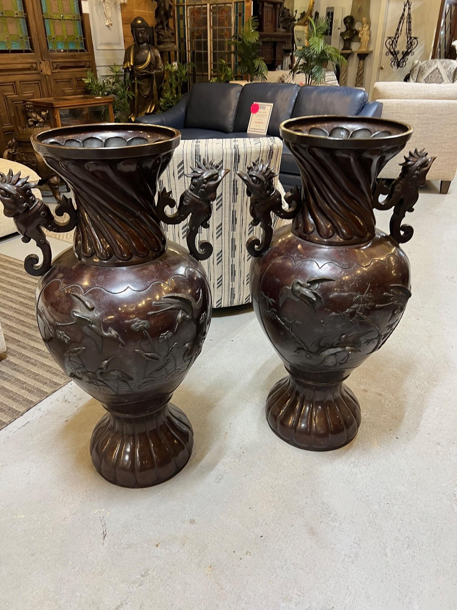 Vintage Pair of Large Japanese Bronze Urns with Cranes & Bamboo Trees   For Sale 8