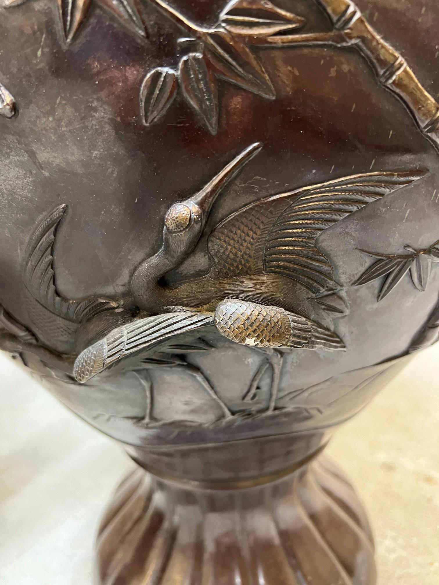 Vintage Pair of Large Japanese Bronze Urns with Cranes & Bamboo Trees   For Sale 14
