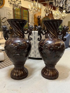 Vintage Pair of Large Japanese Bronze Urns with Cranes & Bamboo Trees
