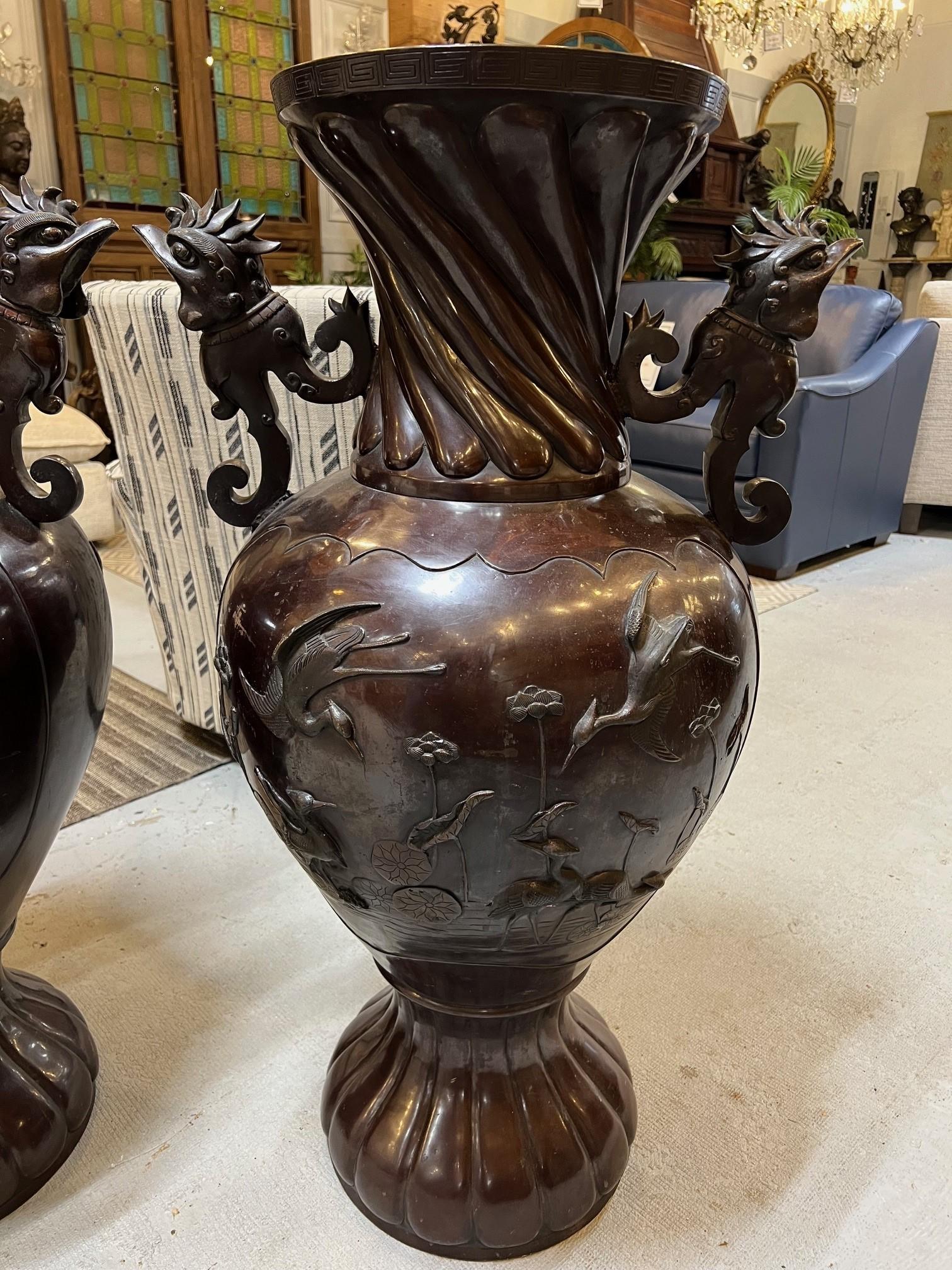 20th Century Vintage Pair of Large Japanese Bronze Urns with Cranes & Bamboo Trees   For Sale