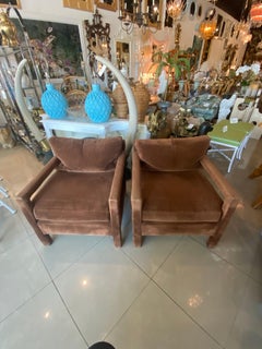 Vintage Pair of Large Milo Baughman Style Parsons Arm Chairs Club Lounge