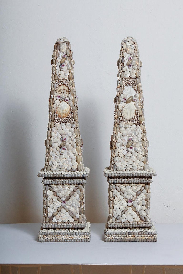Vintage Pair of Large Shell Encrusted Obelisks at 1stDibs