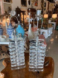 Vintage Pair of Large Stacked Lucite Table Lamps New Chrome Hardware & Rewired