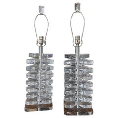 Vintage Pair of Large Stacked Lucite Table Lamps New Chrome Hardware & Rewired