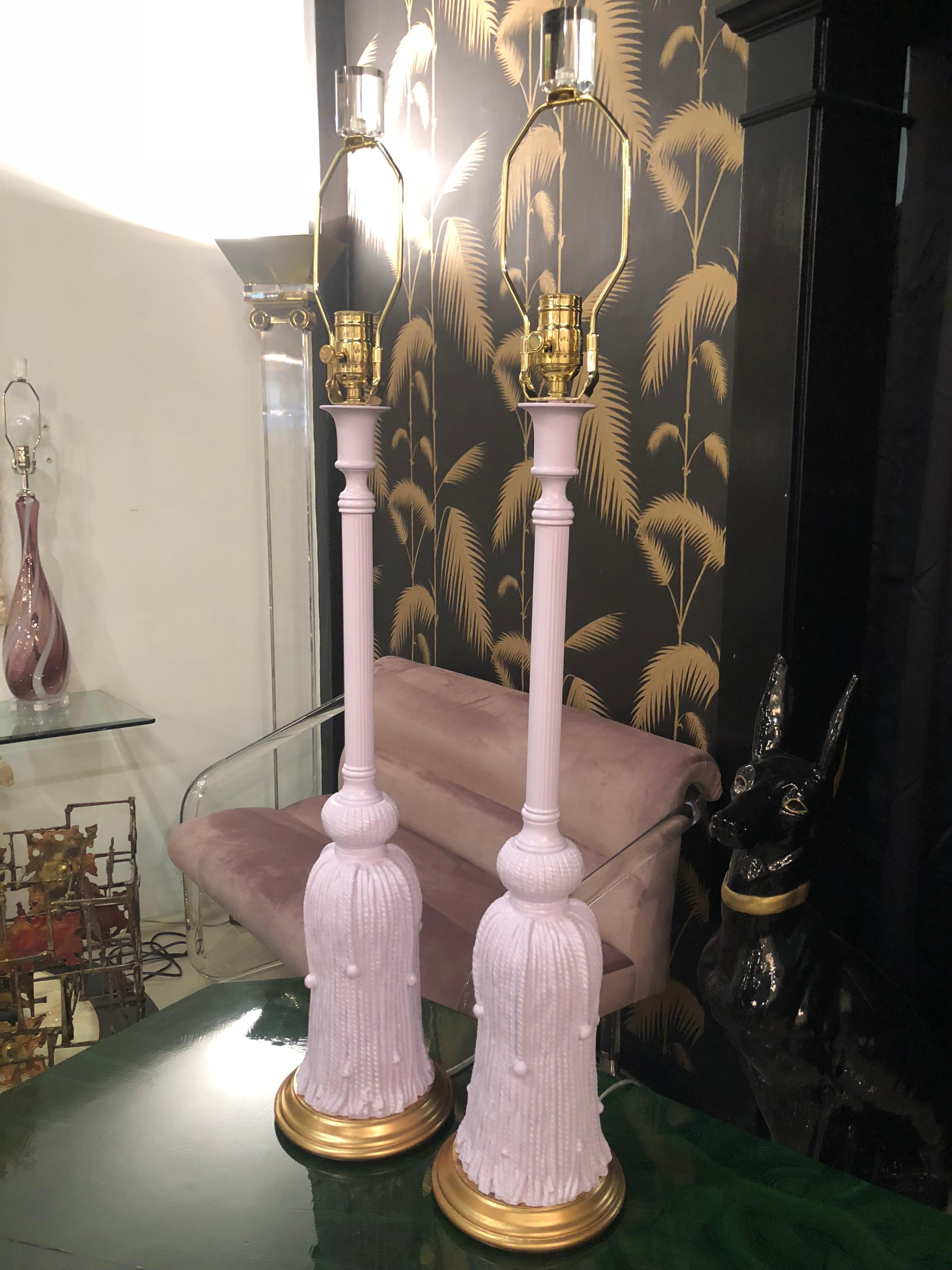 American Vintage Pair of Lavender Tassel Table Lamps Lucite and Brass