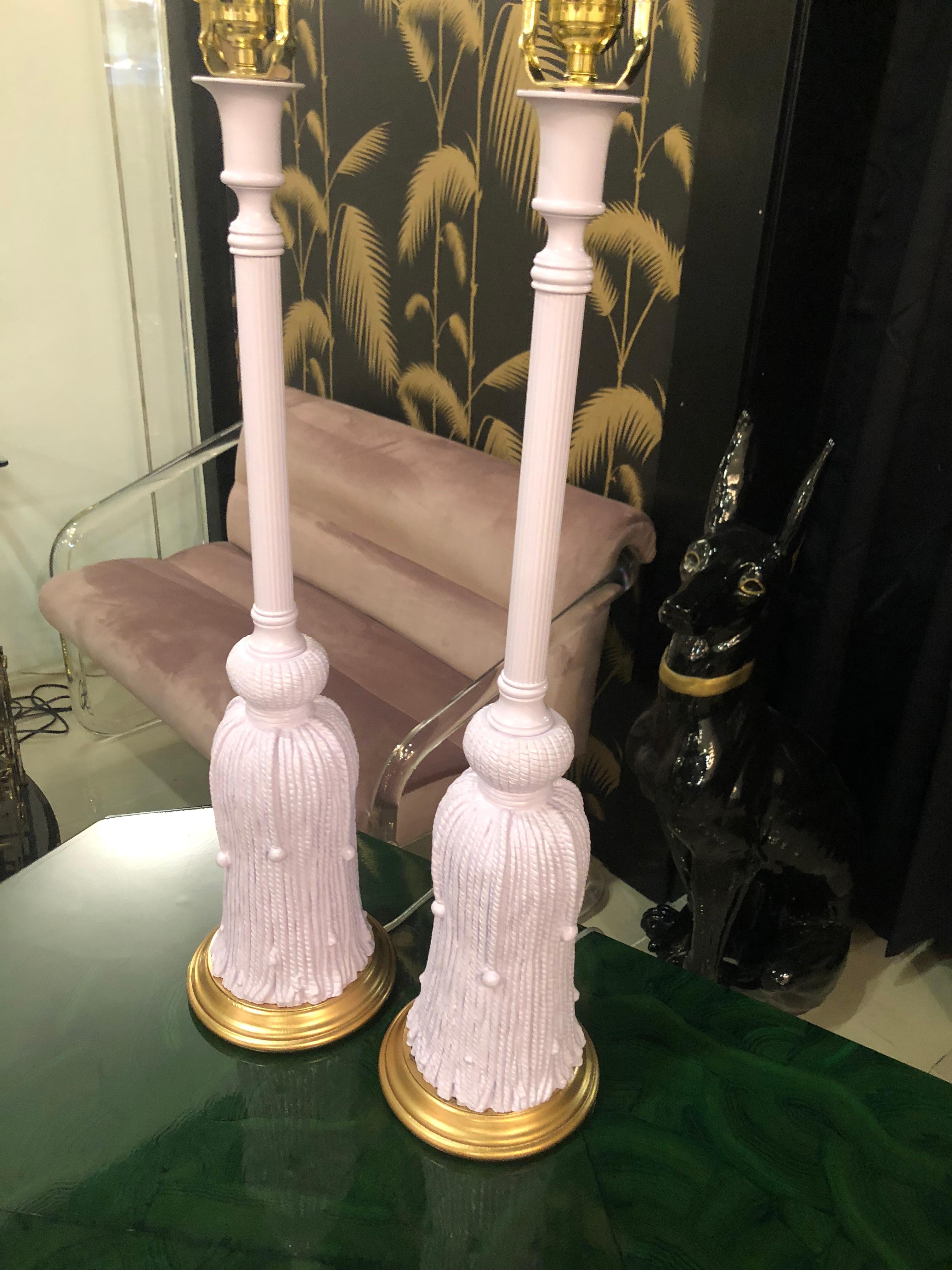 Composition Vintage Pair of Lavender Tassel Table Lamps Lucite and Brass