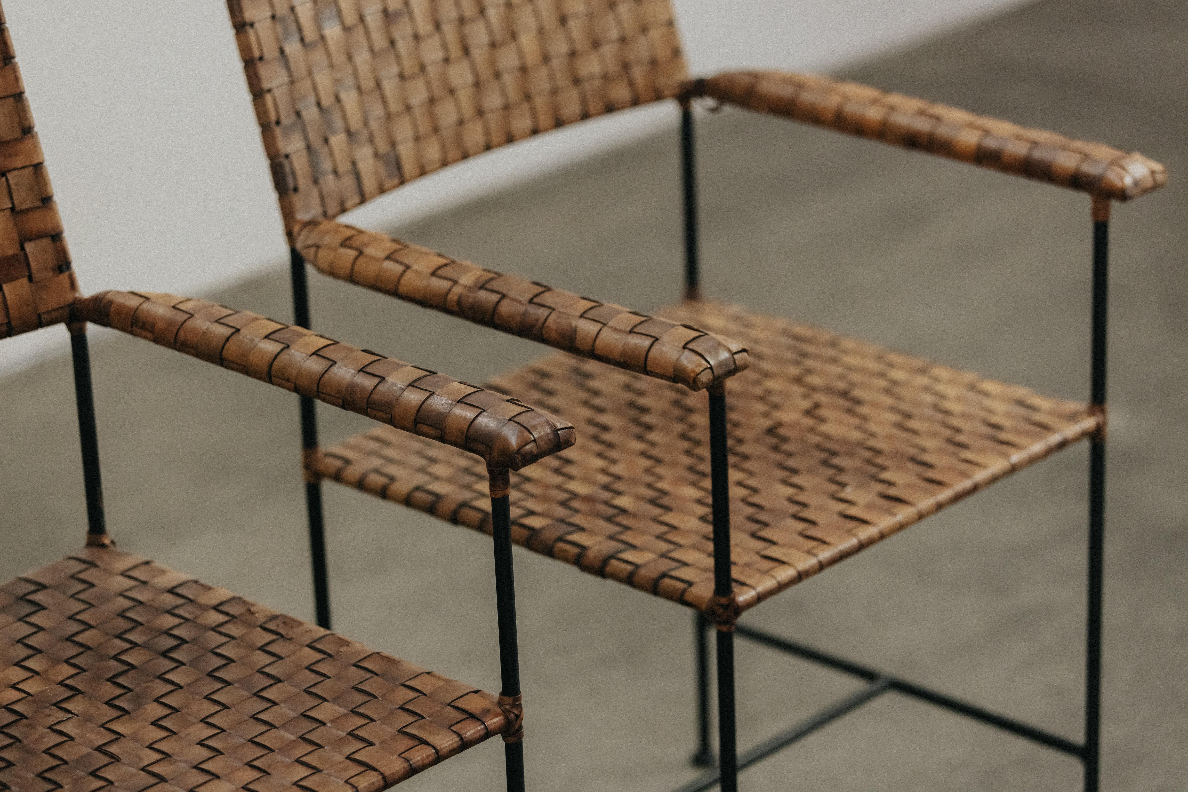 Vintage Pair Of Leather And Steel Chairs From France, Circa 1960 In Good Condition For Sale In Nashville, TN