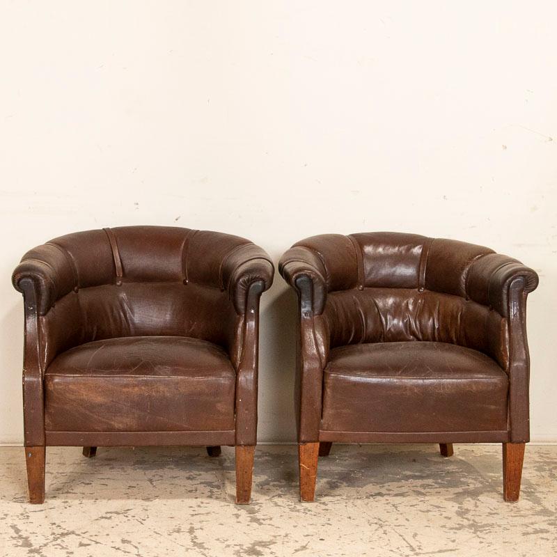 Vintage leather club chairs are sought after these days for those seeking to add an aged element to a modern home. These chairs will do just that; they are scaled on the small side so will fit in a variety of settings. This pair does show signs of