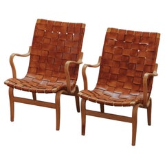 Vintage Pair Of Leather Bruno Mathsson Lounge Chairs From Sweden, Circa 1970