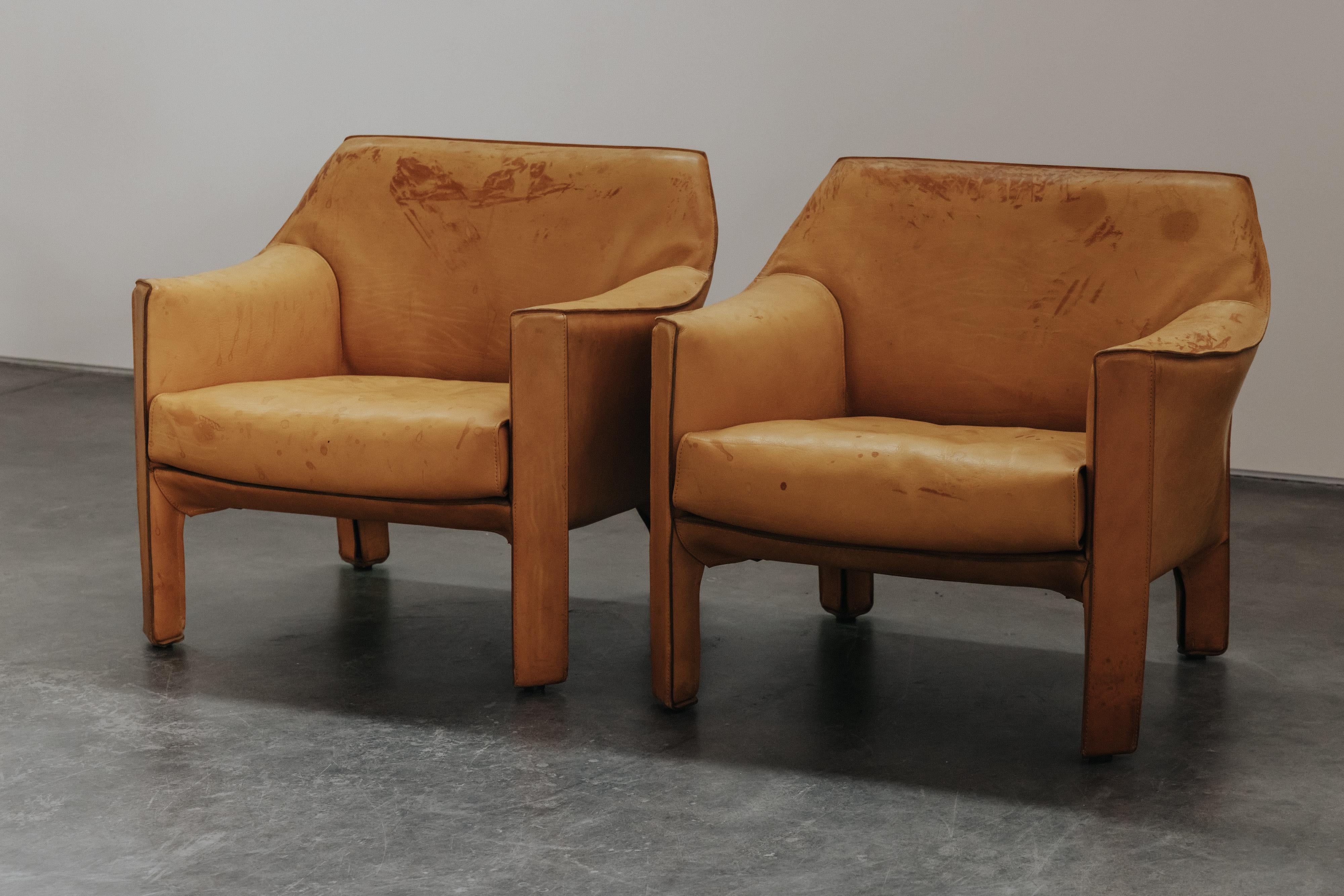 European Vintage Pair of Leather Cab Armchairs by Mario Bellini for Cassina, Circa 1970
