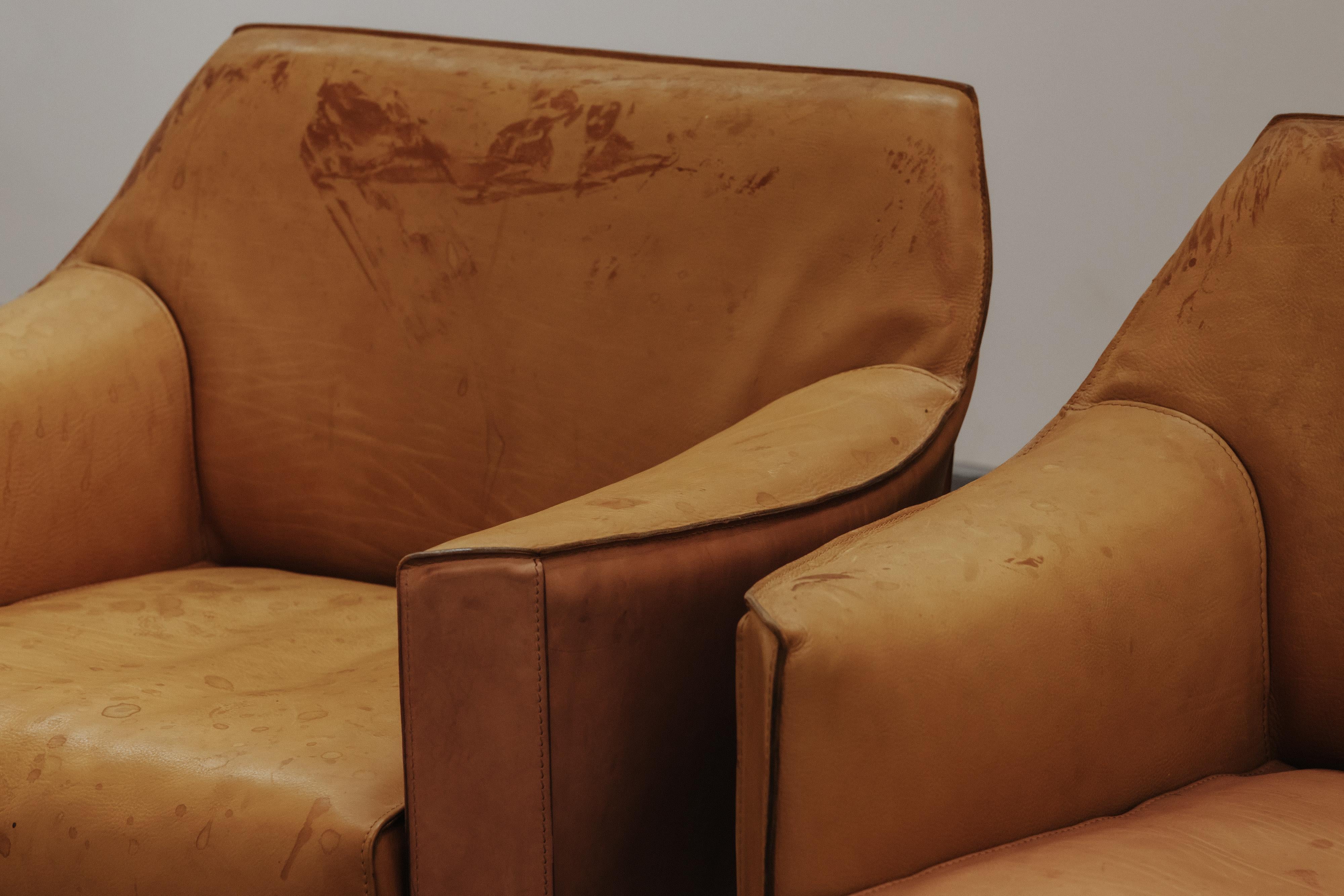 Vintage Pair of Leather Cab Armchairs by Mario Bellini for Cassina, Circa 1970 In Good Condition In Nashville, TN