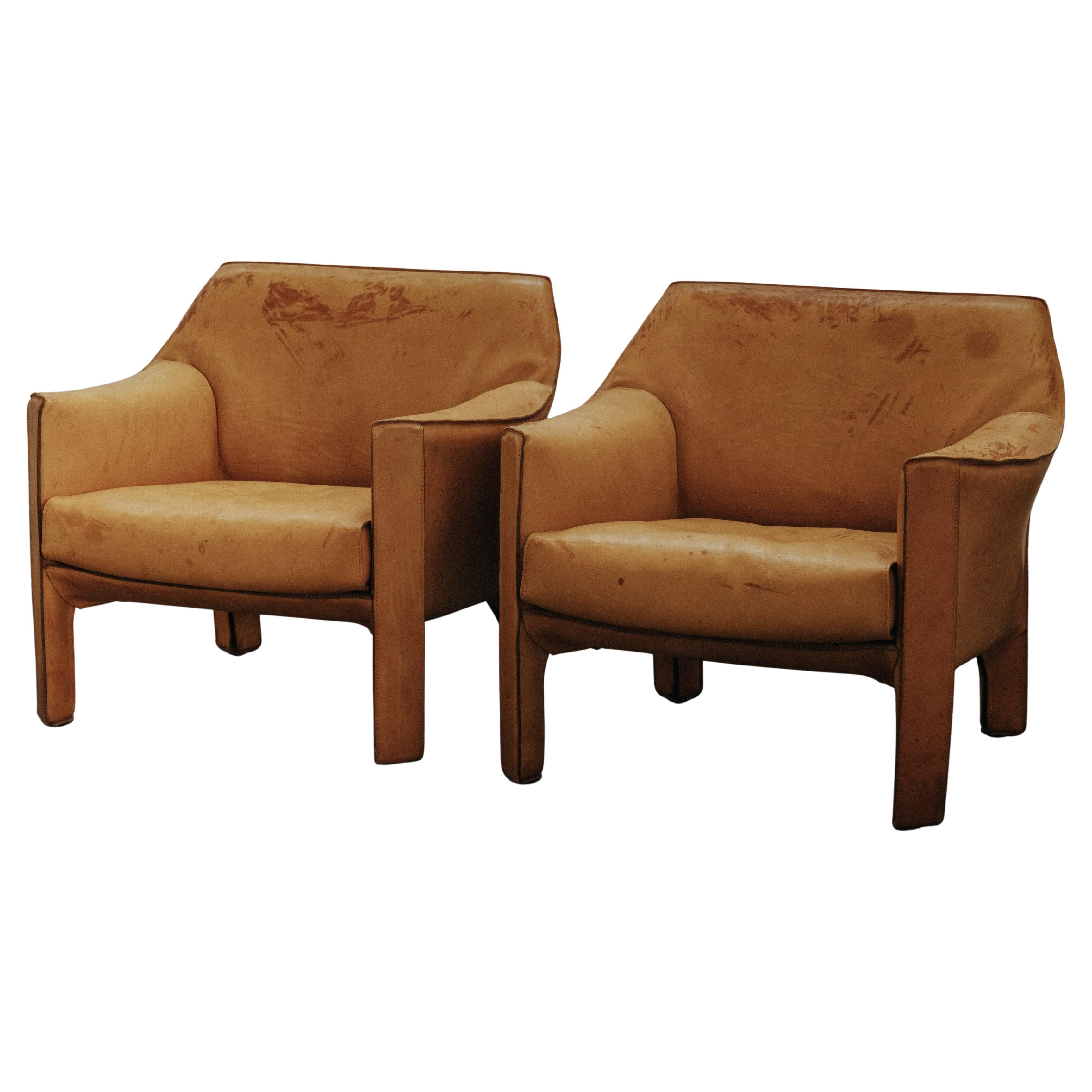 Vintage Pair of Leather Cab Armchairs by Mario Bellini for Cassina, Circa 1970