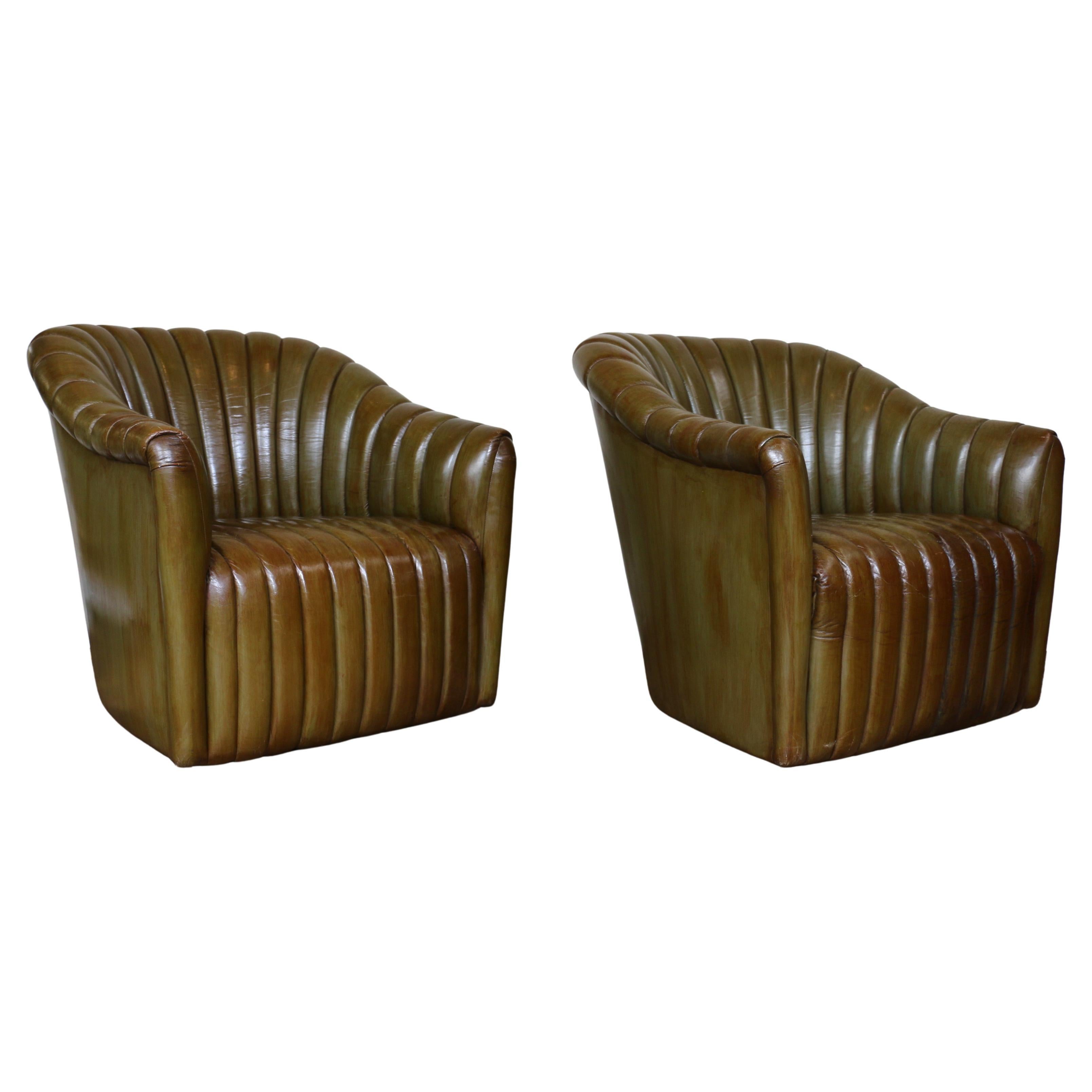 Vintage Pair of Leather Channel-Tufted Club Chairs by Martin/Brattrud, 1987 For Sale