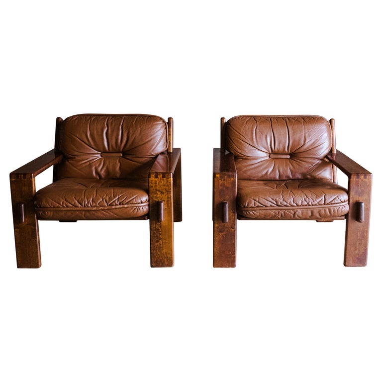 Vintage Pair Of Leather Lounge Chairs, Leather Lounge Sofa Pair