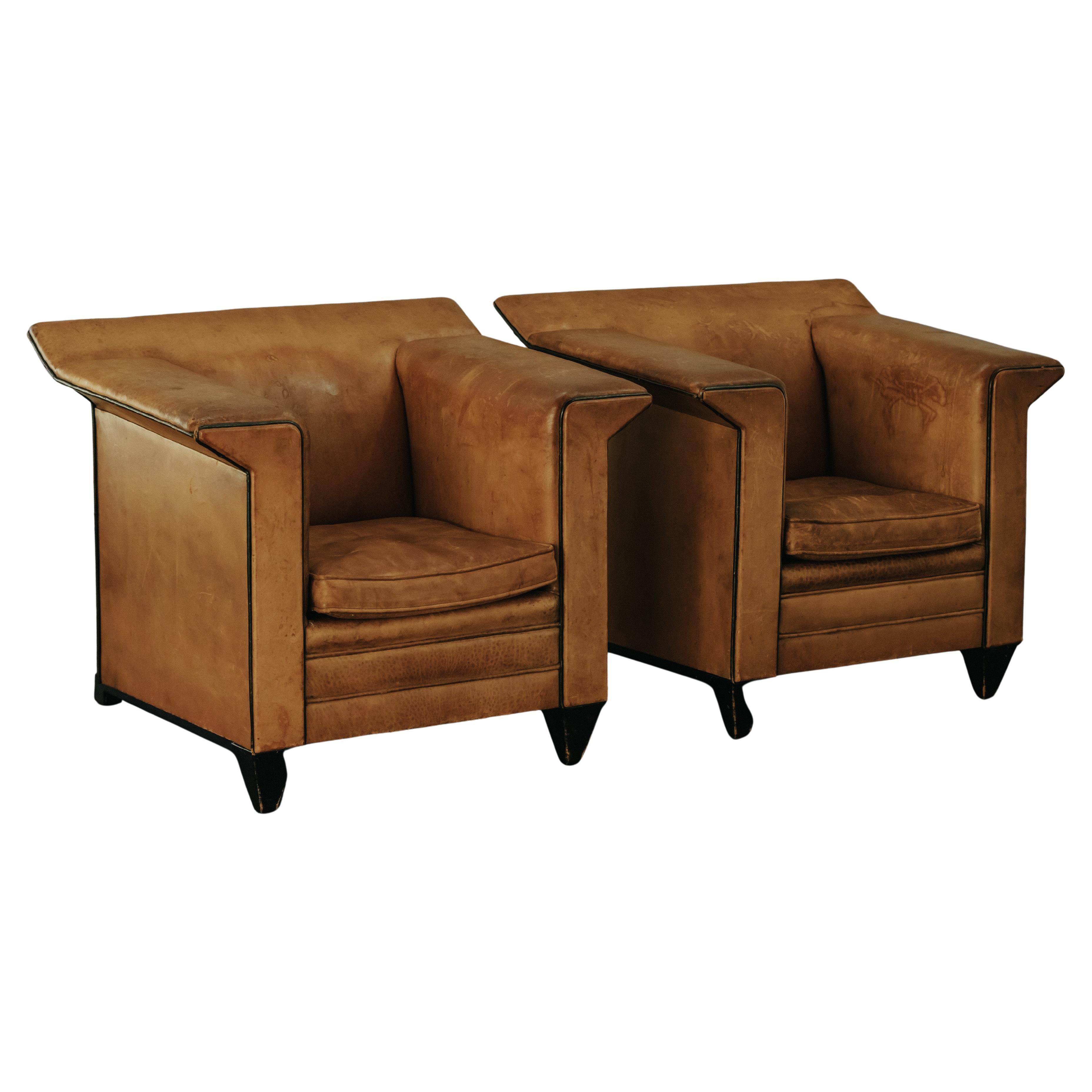 Vintage Pair Of Leather Lounge Chairs From The Netherlands, Circa 1980