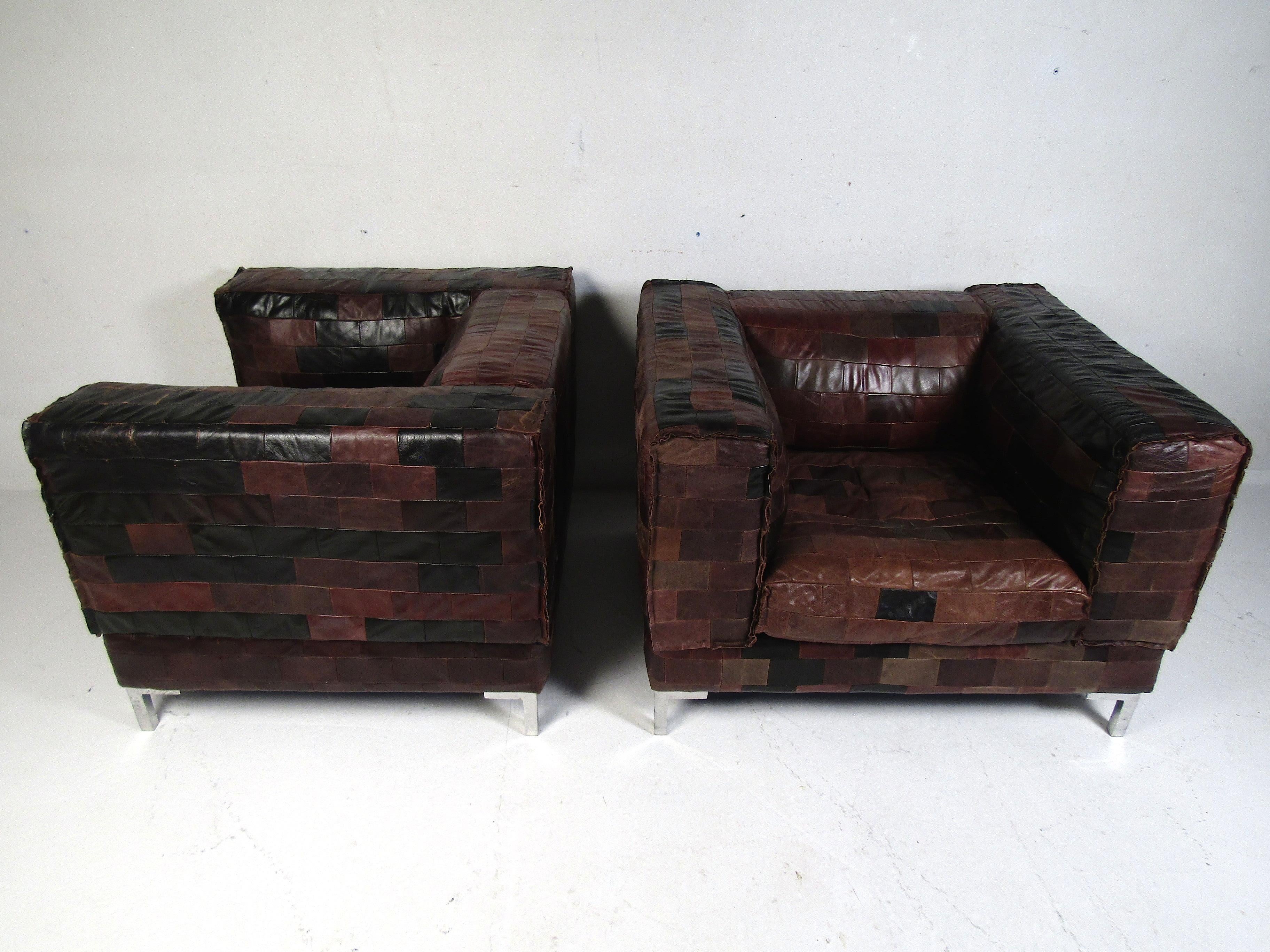 Vintage Pair of Leather Patchwork Club Chairs, Styled after Paul Evans In Good Condition In Brooklyn, NY
