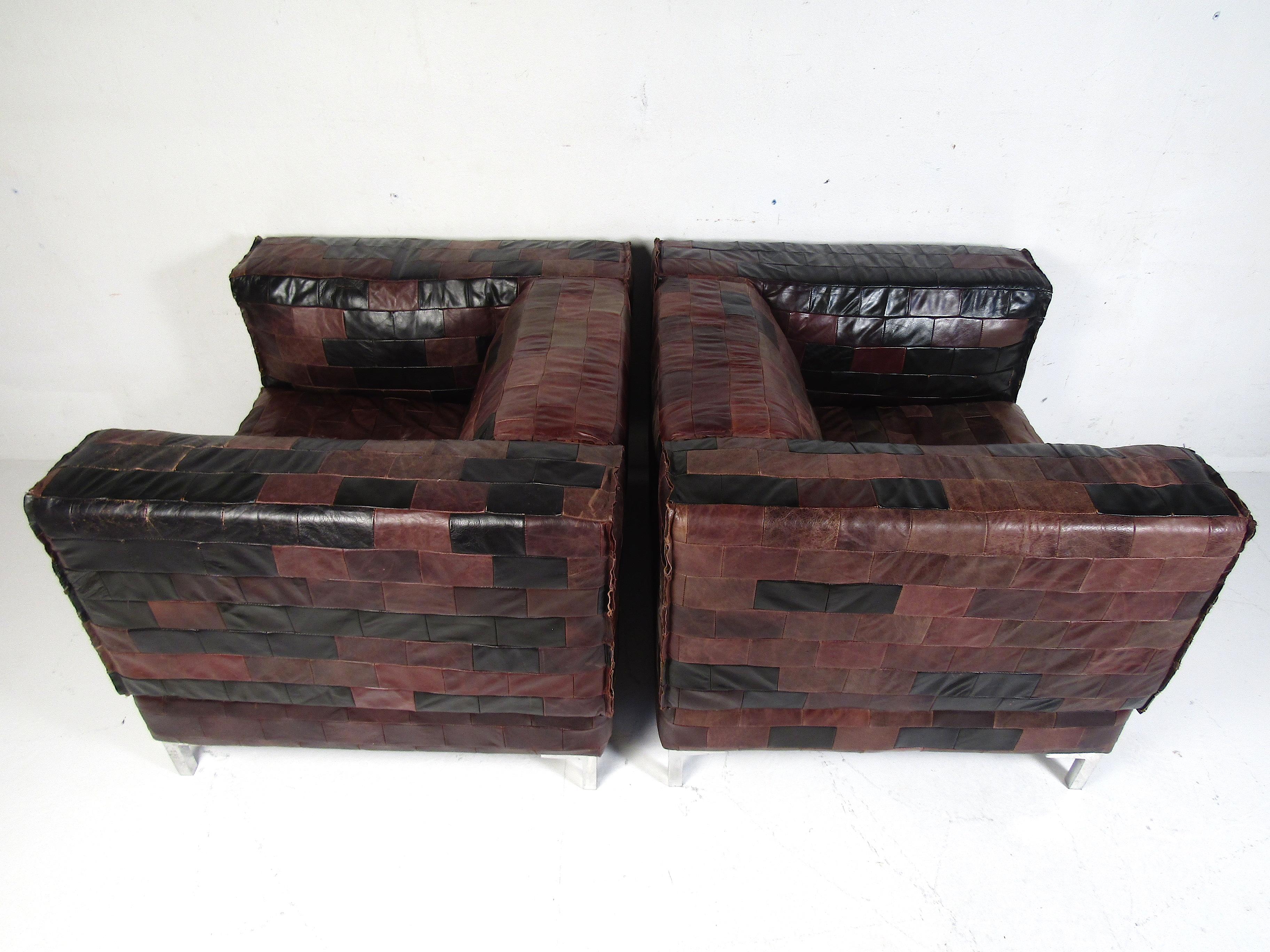 20th Century Vintage Pair of Leather Patchwork Club Chairs, Styled after Paul Evans