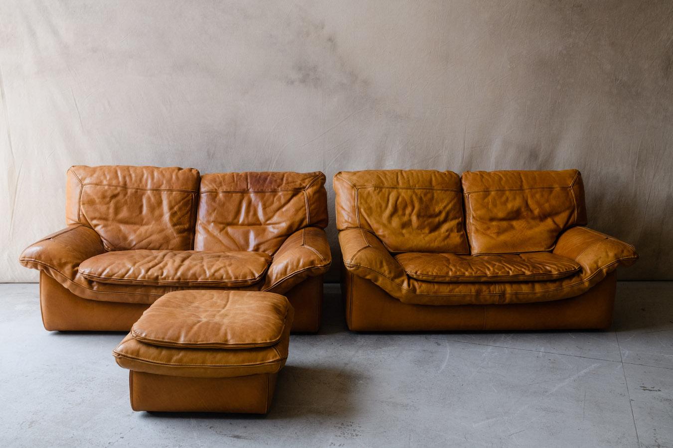 Vintage Pair of Leather Roche Bobois Sofas, from France, Circa 1970 In Good Condition In Nashville, TN