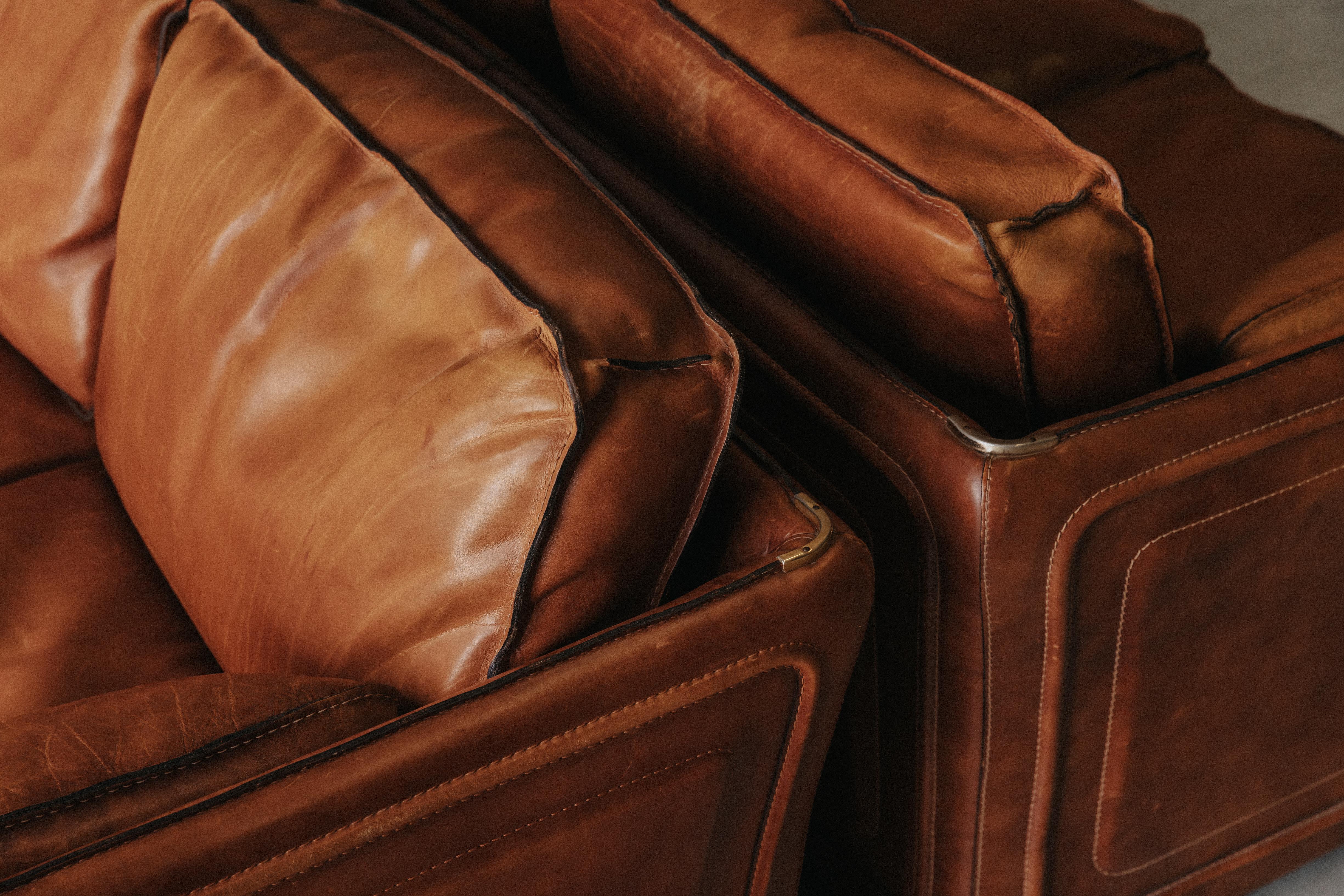 Late 20th Century Vintage Pair Of Leather Sofas By Roche Bobois, France, Circa 1970