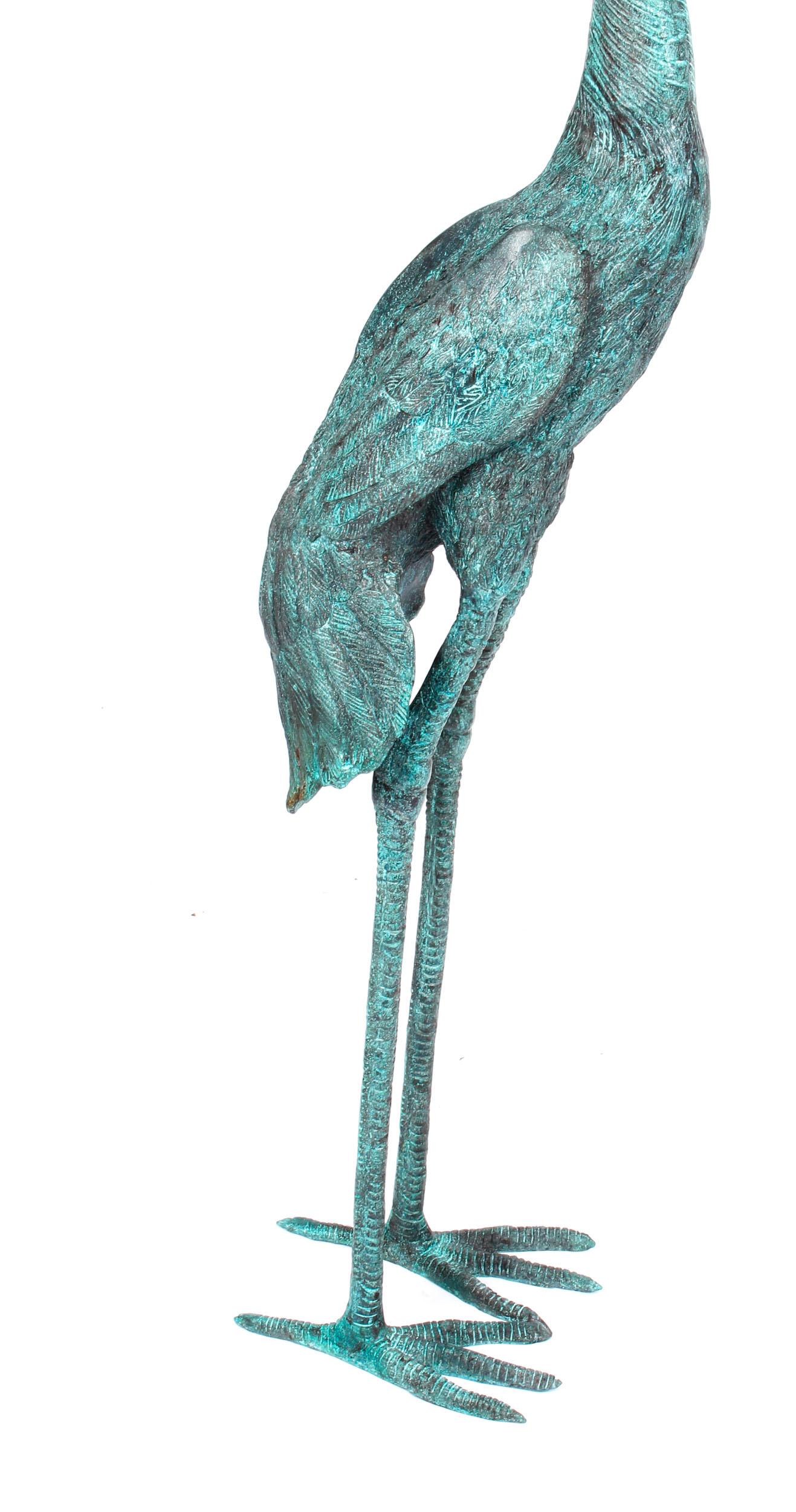 Vintage Pair of Life Size Bronze Cranes with Green Patina Late 20th Century 7