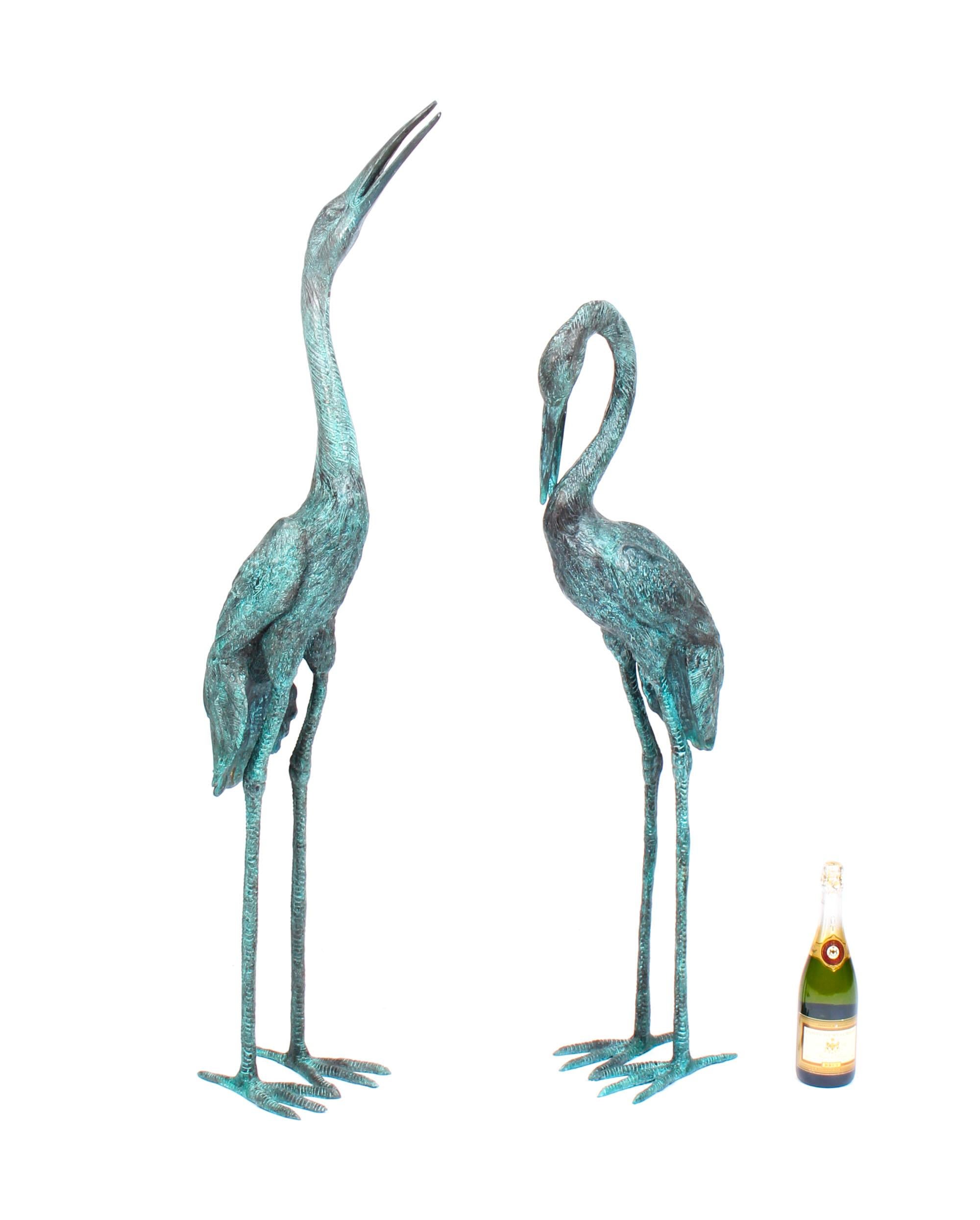 Vintage Pair of Life Size Bronze Cranes with Green Patina Late 20th Century 11