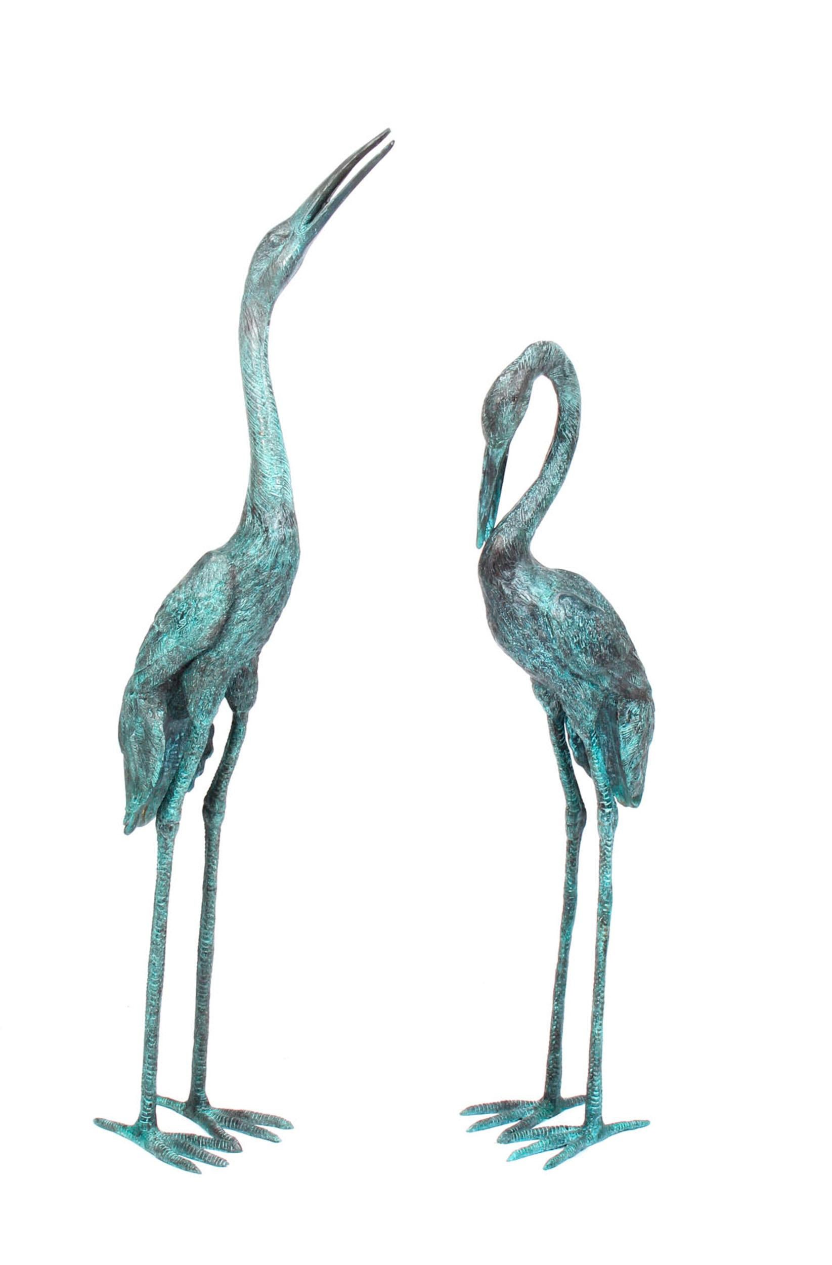 Vintage Pair of Life Size Bronze Cranes with Green Patina Late 20th Century 12