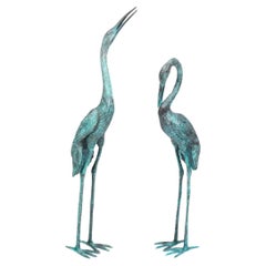 Vintage Pair of Life Size Bronze Cranes with Green Patina Late 20th Century